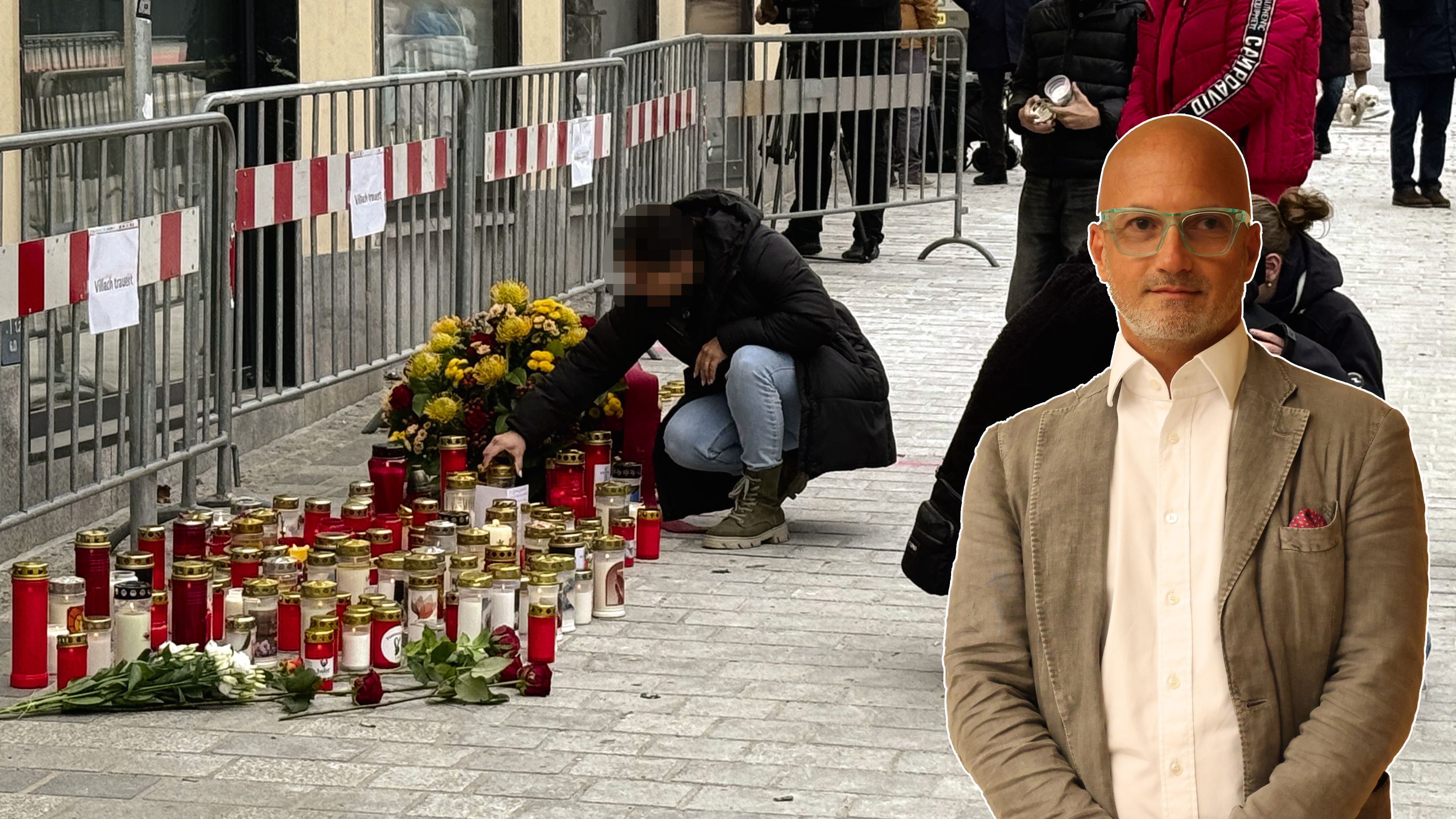 Trauer in Villach: Zahlreiche Menschen legen Kerzen und Blumen am Tatort nieder. Strafrechtsexperte Niki Rast erklärt, was den Attentäter nun erwartet.