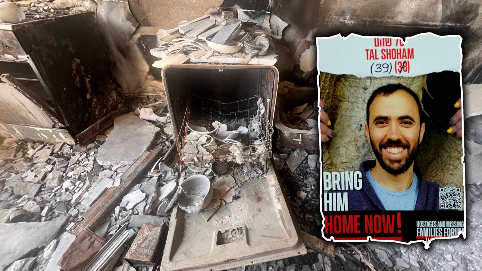 Alles ist niedergebrannt, nur der Geschirrspüler steht noch. Drinnen: Geschirr der letzten Mahlzeit vor dem Massaker der Hamas-Terroristen.