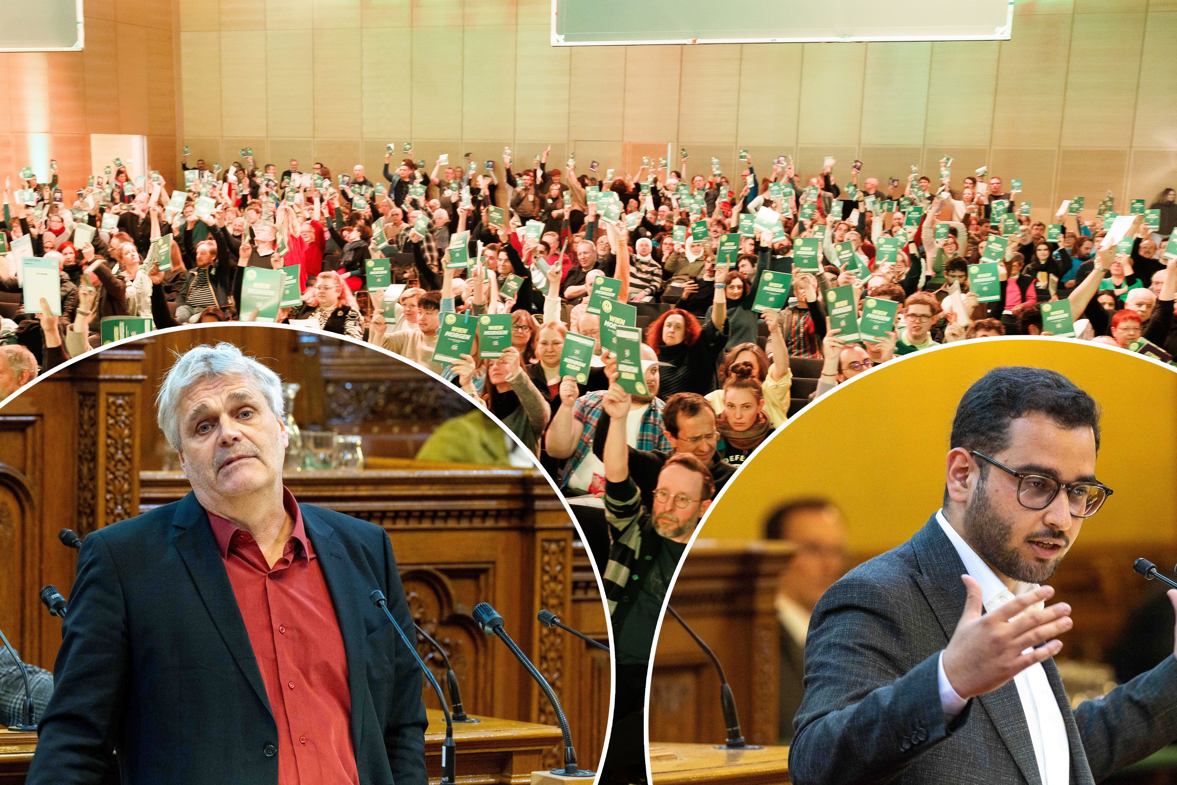 Grüne Wien im Umbruch: Martin Margulies (links) , der nach 24 Jahren nicht mehr für den Gemeinderat kandidieren darf, rechts Ömer Öztas (rechts), der aus der Partei ausgeschlossen wurde. Im Hintergrund die Landesversammlung der Wiener Grünen.