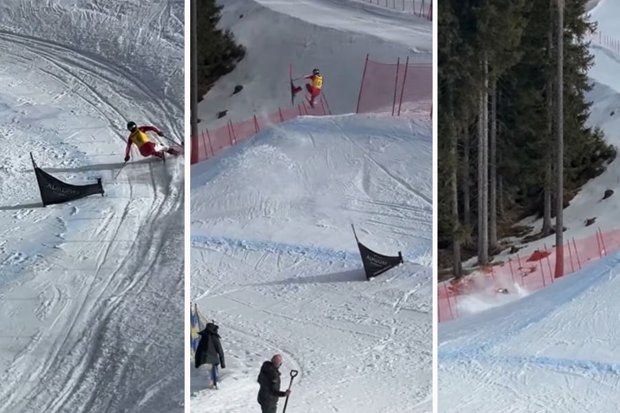 Lenz Hauser fährt in die Steilkurve (l.), hebt ab und kracht auf die Piste.