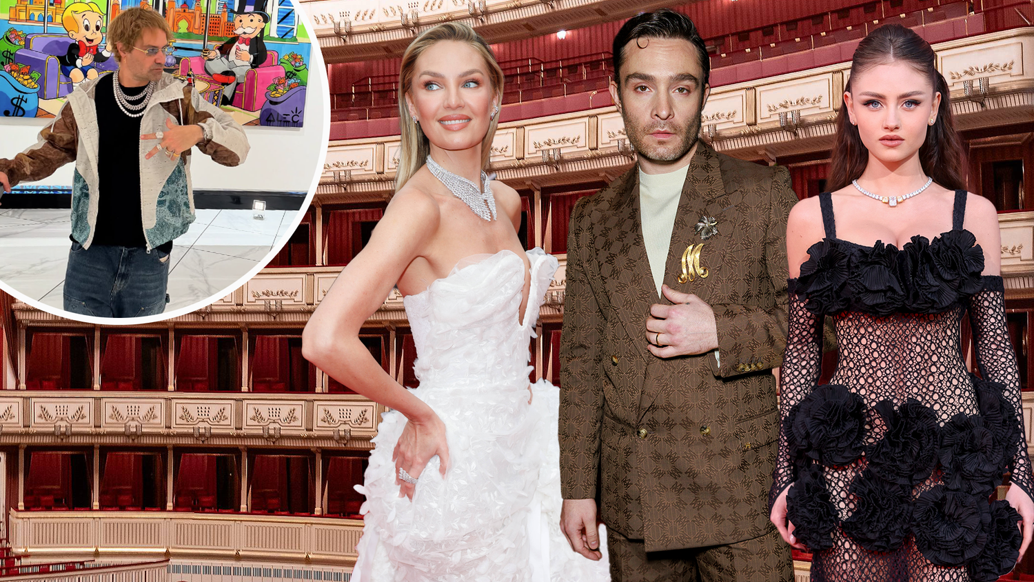 Neben Stargast Alec Monopoly (kl. Bild) sollen Candice Swanepoel, Ed Westwick und Leni Klum (v.l.) zum Opernball antanzen.