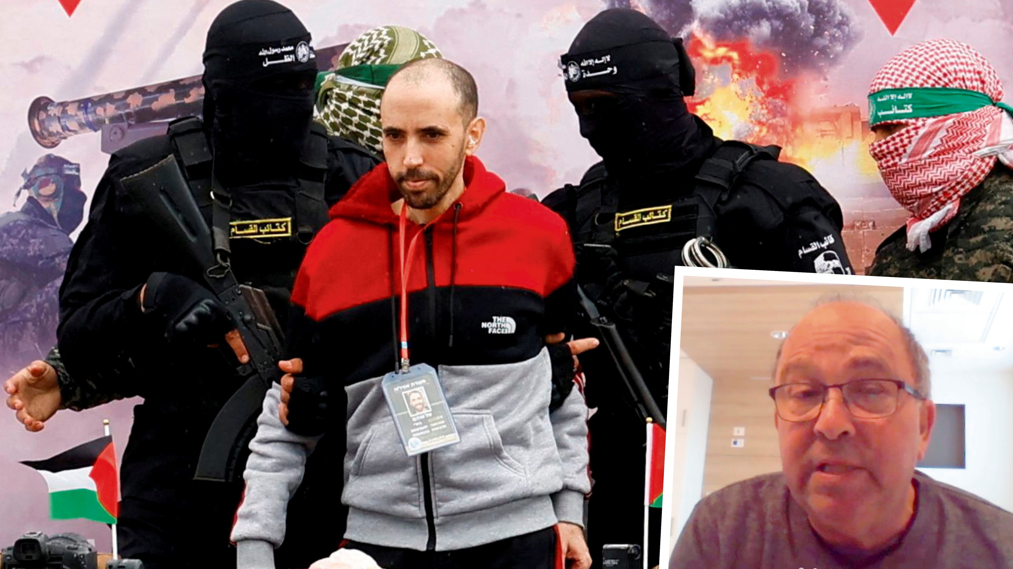 Samstagfrüh: Hamas-Terroristen lassen Tal Shoham frei. Sein Vater (unten rechts) spricht mit 