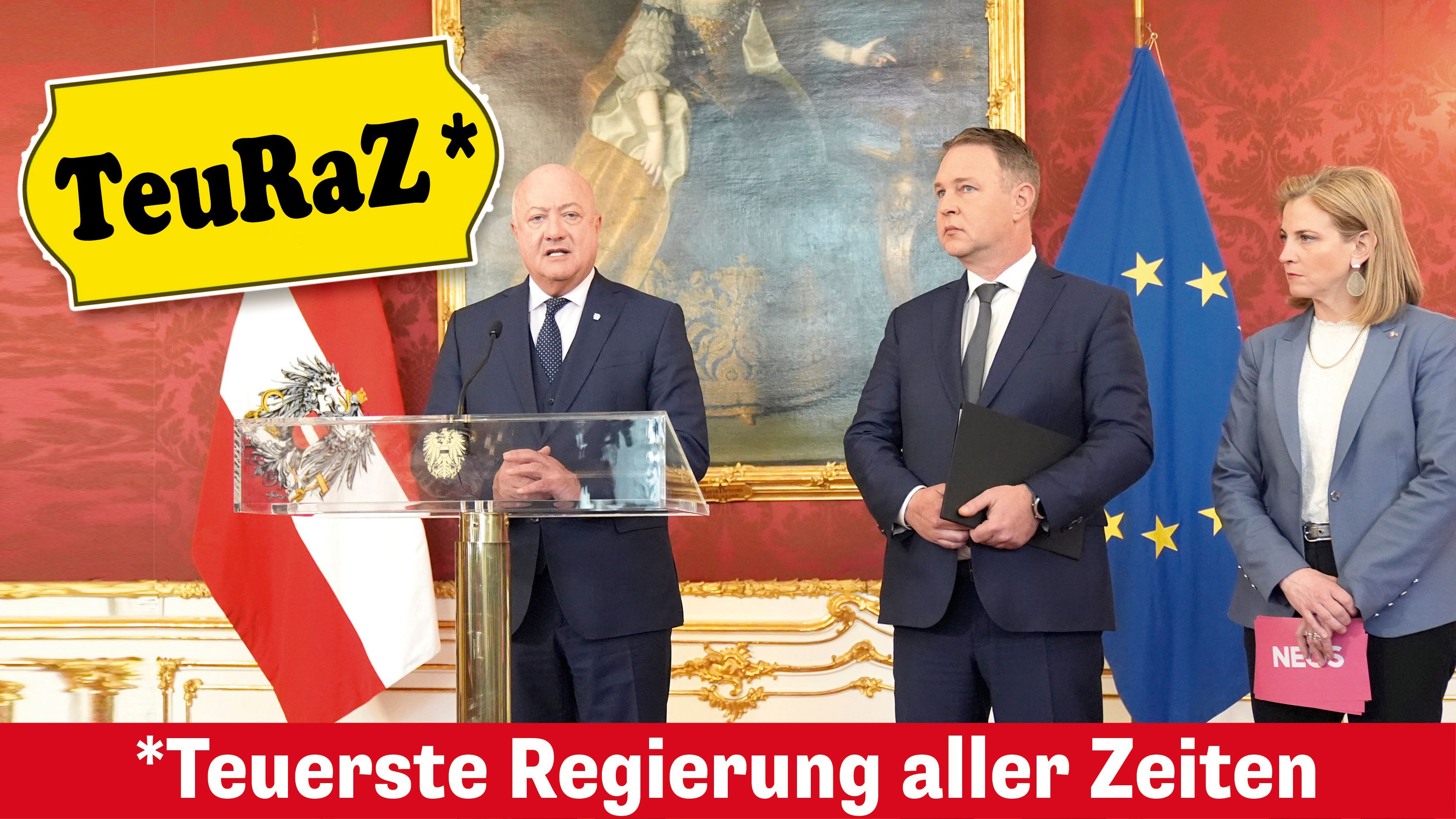 Sollen künftig die TeuRaZ (teuerste Regierung aller Zeiten) führen: Stocker (VP), Babler (SP), Meinl-Reisinger (Neos)