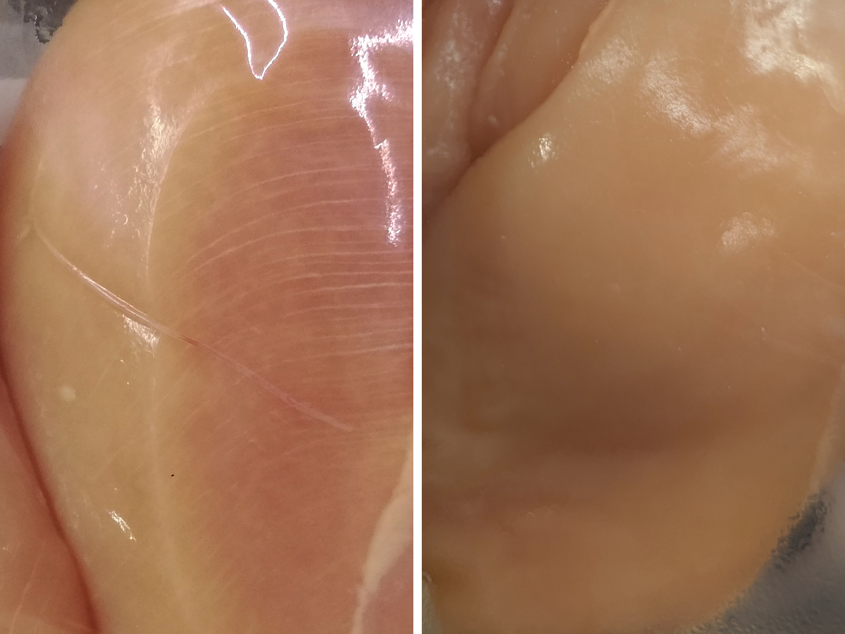 Im Bild links sieht man ein von White Striping betroffenes Brustfilet. Rechts im Bild ist oberflächlich kein White Striping erkennbar.