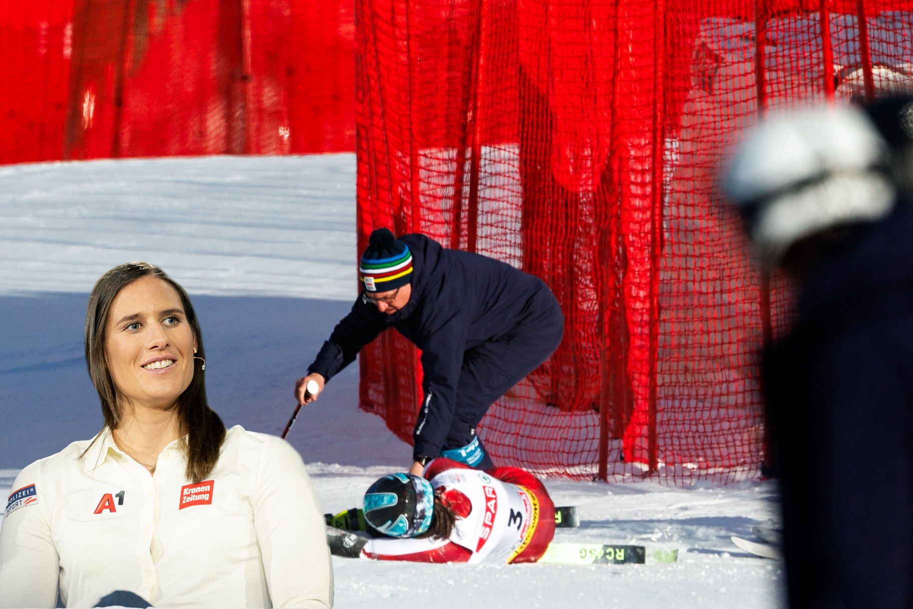 Ricarda Haaser nach ihrem Sturz (r.) und bei ServusTV (l.).