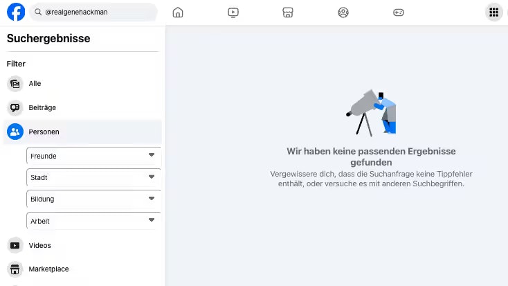 "Wir haben keine passenden Ergebnisse gefunden" – das meldet Facebook, wenn man nach @realGeneHackman sucht.