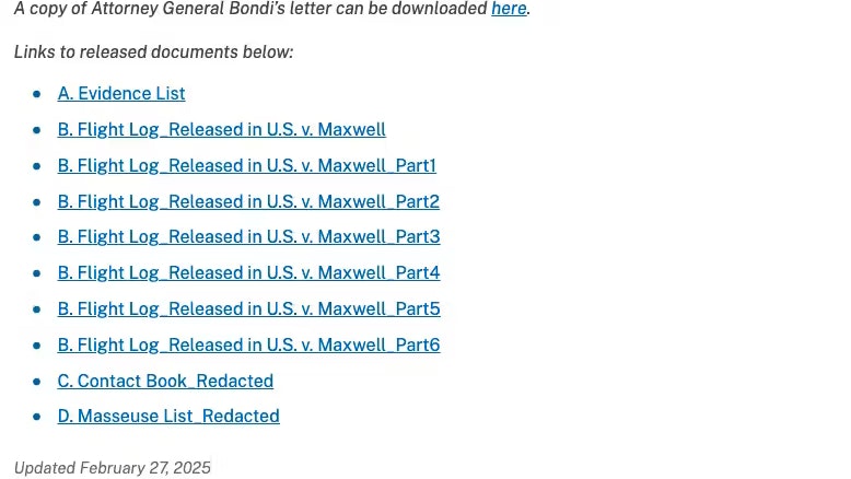 Diese Links veröffentlichte US-Generalstaatsanwältin Pamela Bondi "in Zusammenarbeit mit dem FBI". Es handele sich dabei "größtenteils um Dokumente, die zuvor durchgesickert waren, aber nie offiziell von der US-Regierung veröffentlicht wurden", so das US-Justizministerium.