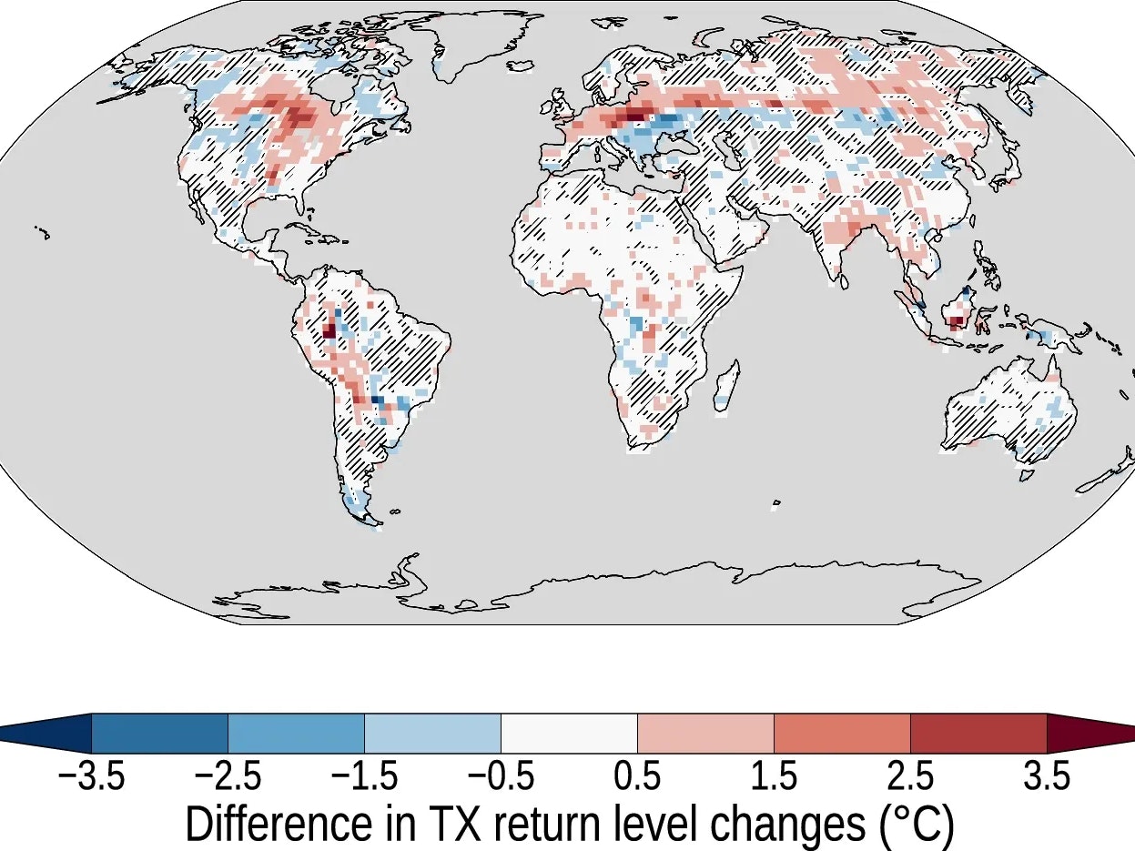 Errechnete Differenz der Temperaturextremen von 200-jährigen Ereignissen zu "moderaten" Hitzewellen bei den Prognosen für die nahe Zukunft