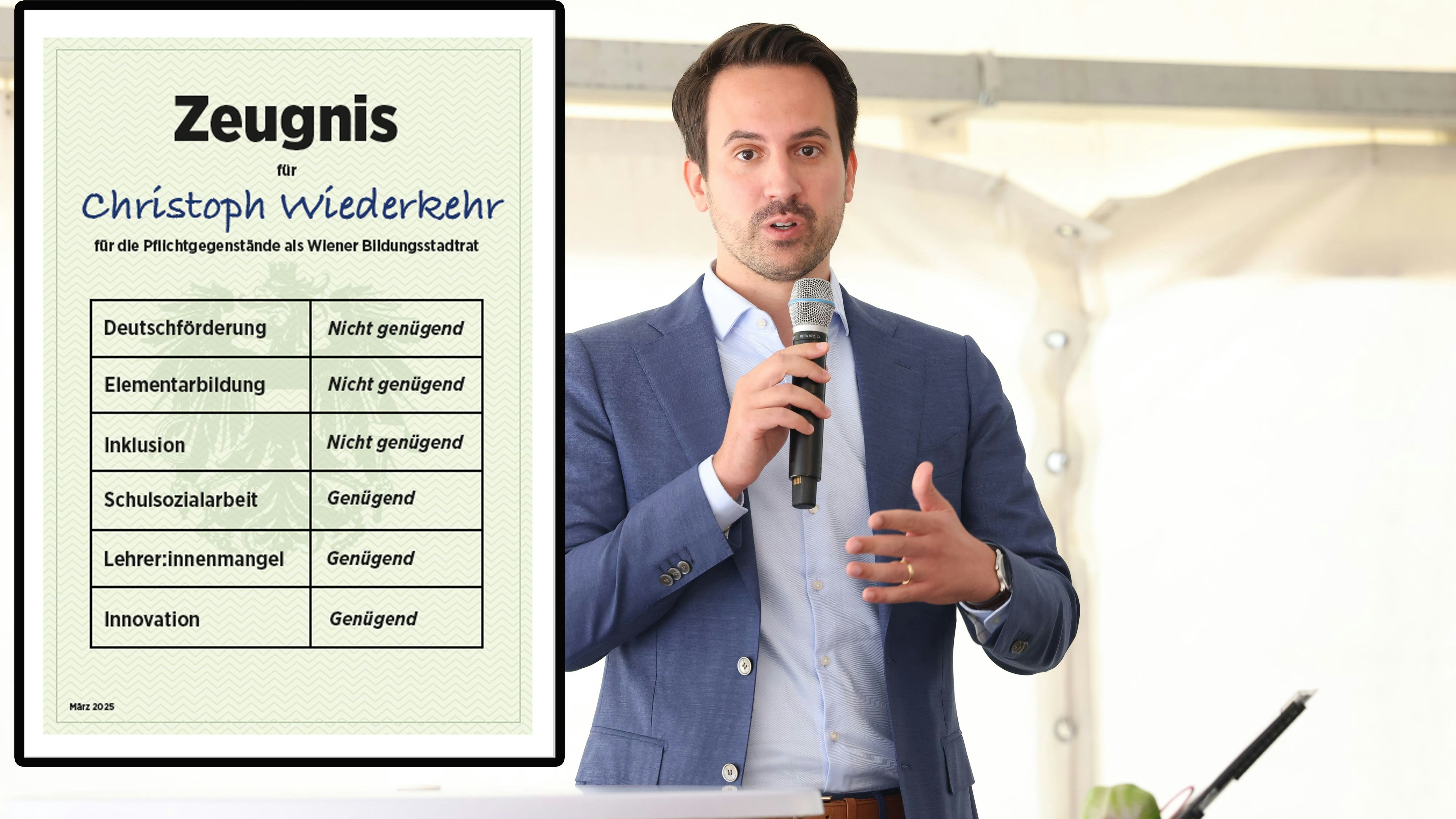 Die Wiener Grünen ziehen Bilanz über die Amtszeit von Ex-Bildungsstadtrat Christoph Wiederkehr und bewerten seine Bildungspolitik mit überwiegend "Nicht genügend".