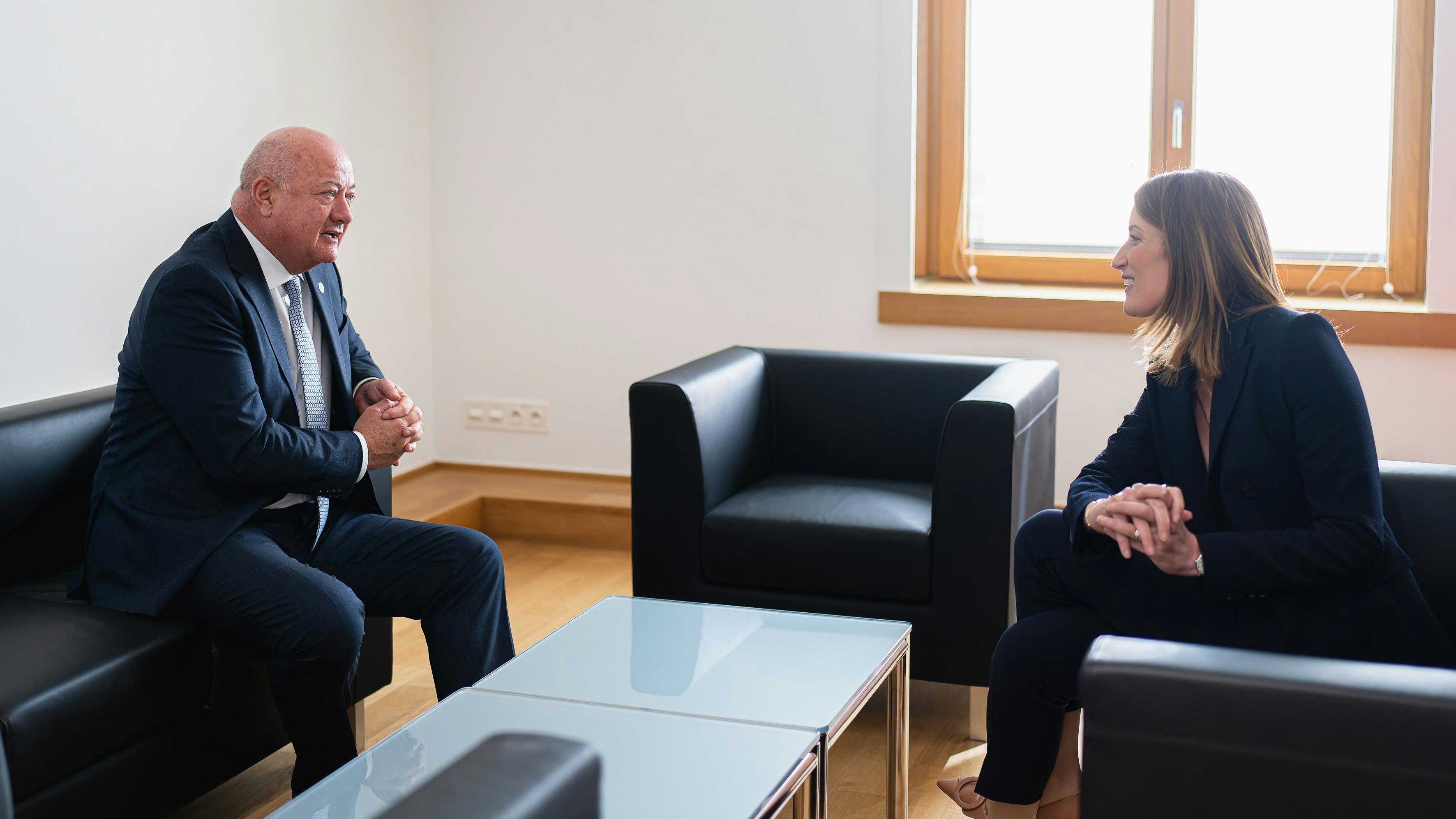 Bundespräsident Christian Stocker im Gespräch mit EU-Parlamentspräsidentin Roberta Metsola
