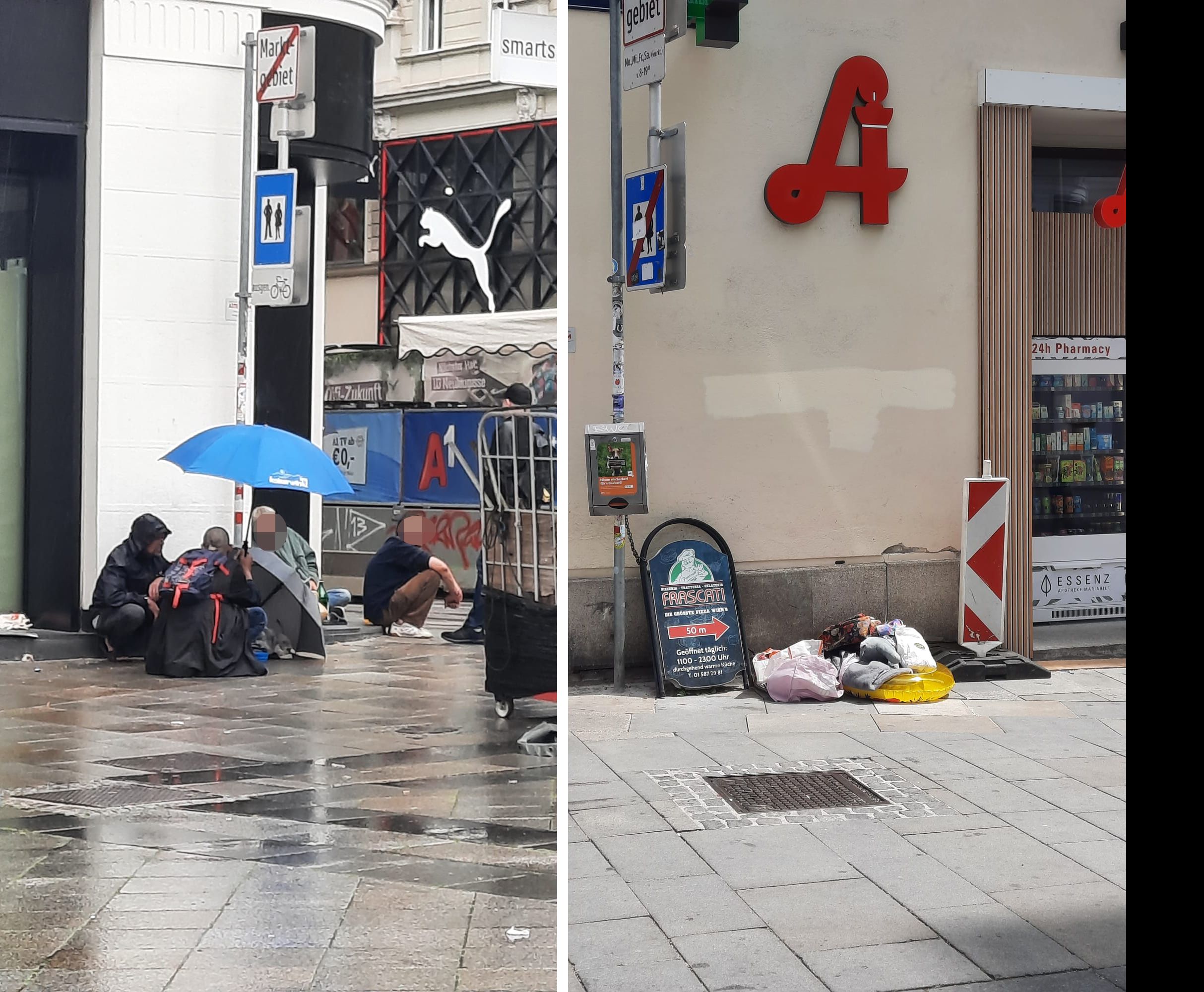 Links: Eine Gruppe Obdachloser sitzt mitten auf der Mariahilfer Straße, unter einem Regenschirm vor einem Geschäftseingang. Rechts: Schlaflager aus Decken und Plastiktüten direkt vor einer Apotheke – ein alltägliches Bild auf der Einkaufsmeile.