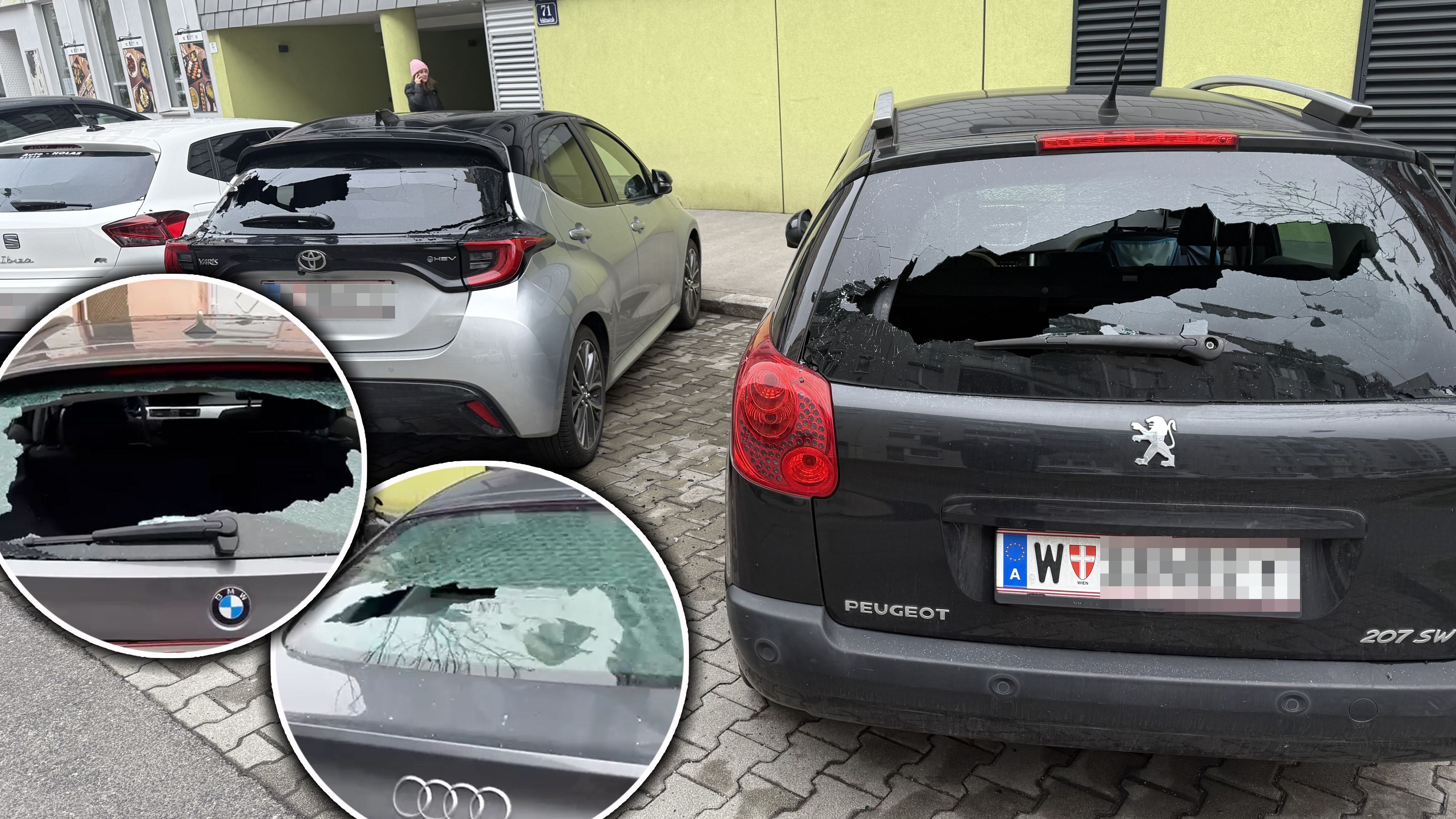 Es wurden in der Sinagasse und der Schüttaustraße an insgesamt 83 PKW und einem Motorrad Beschädigungen festgestellt, vorwiegend eingeschlagene Windschutz- und Heckscheiben.