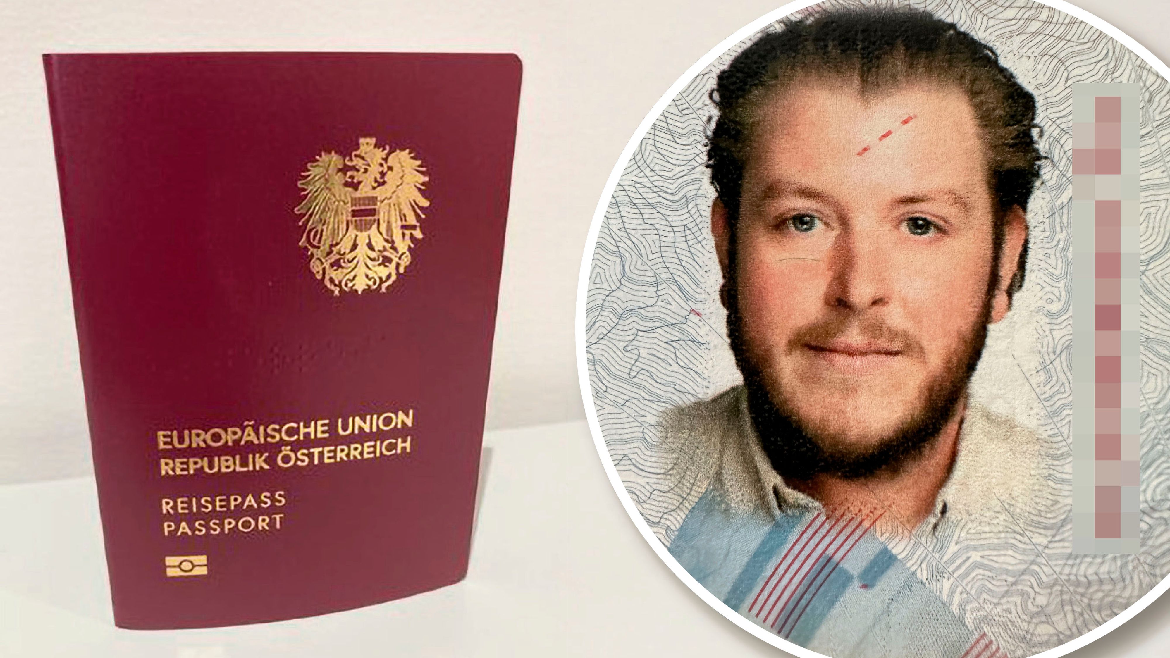 Reisepass und das Passbild von Fabian K. (32) mit den drei roten Strichen auf der Stirn