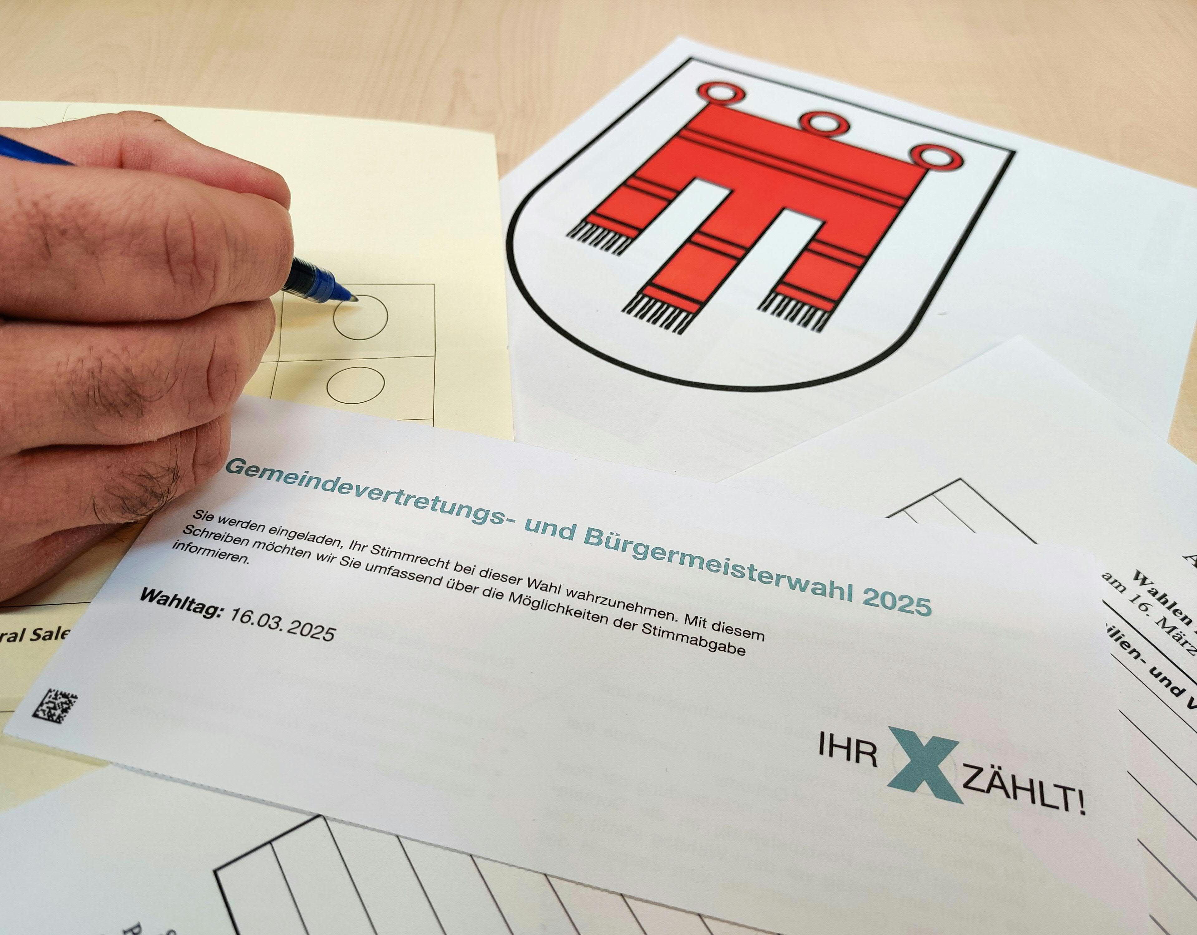 Ein Amtlicher Stimmzettel anlässlich der Vorarlberger Gemeindevertretungs- und Bürgermeisterwahlen am 16. März 2025.