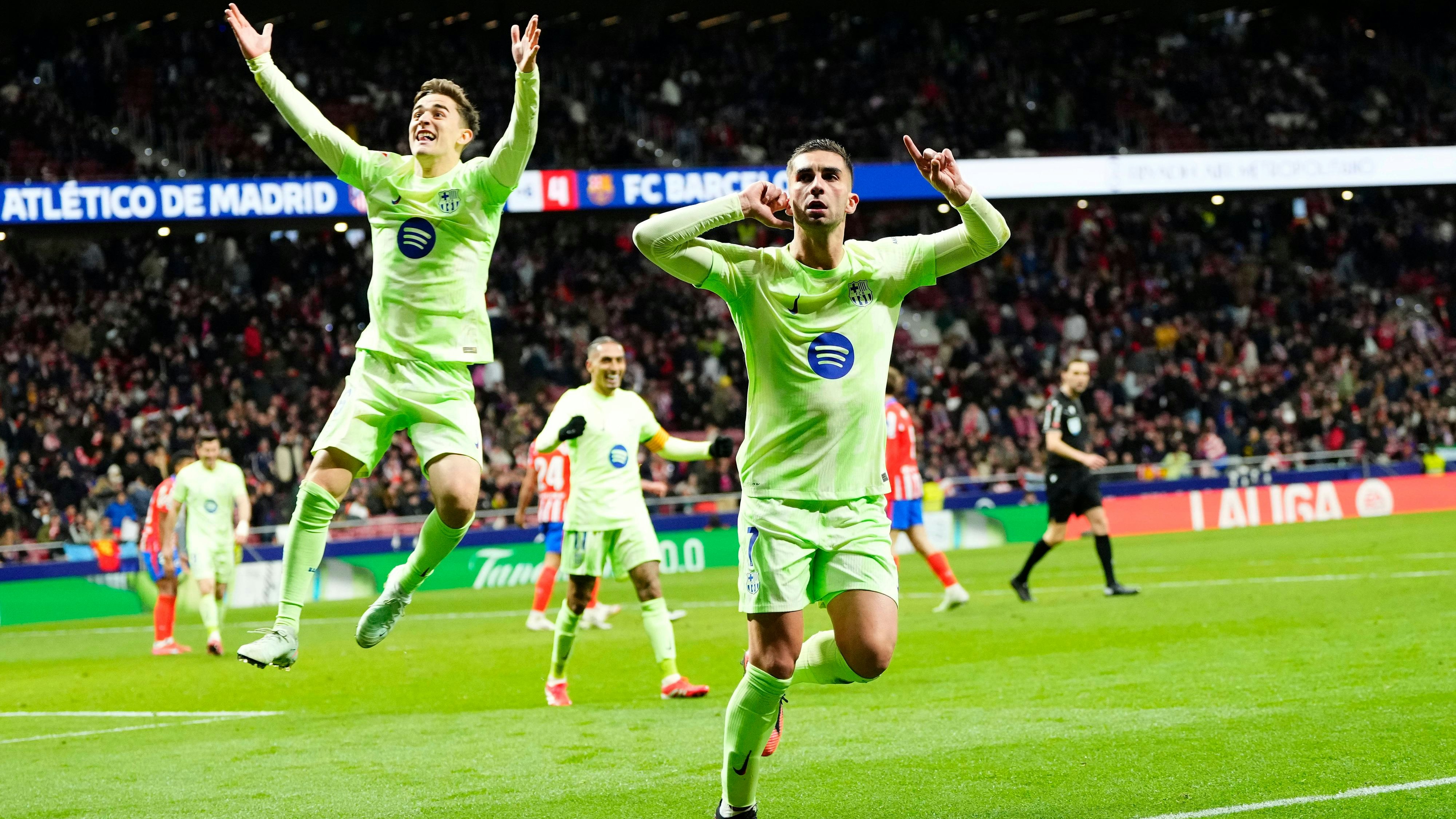 Atletico de Madrid v FC Barcelona, Barca - La Liga EA Sports Ferran Torres left winger of Barcelona and Spain celebrates after scoring his sides second goal during the La Liga match between Atletico de Madrid and FC Barcelona at Riyadh Air Metropolitano on March 16, 2025 in Madrid, Spain. Madrid Spain PUBLICATIONxNOTxINxFRA Copyright: xJosexBretonx originalFilename:bretonhernandez-atletico250316_nprLE.jpg