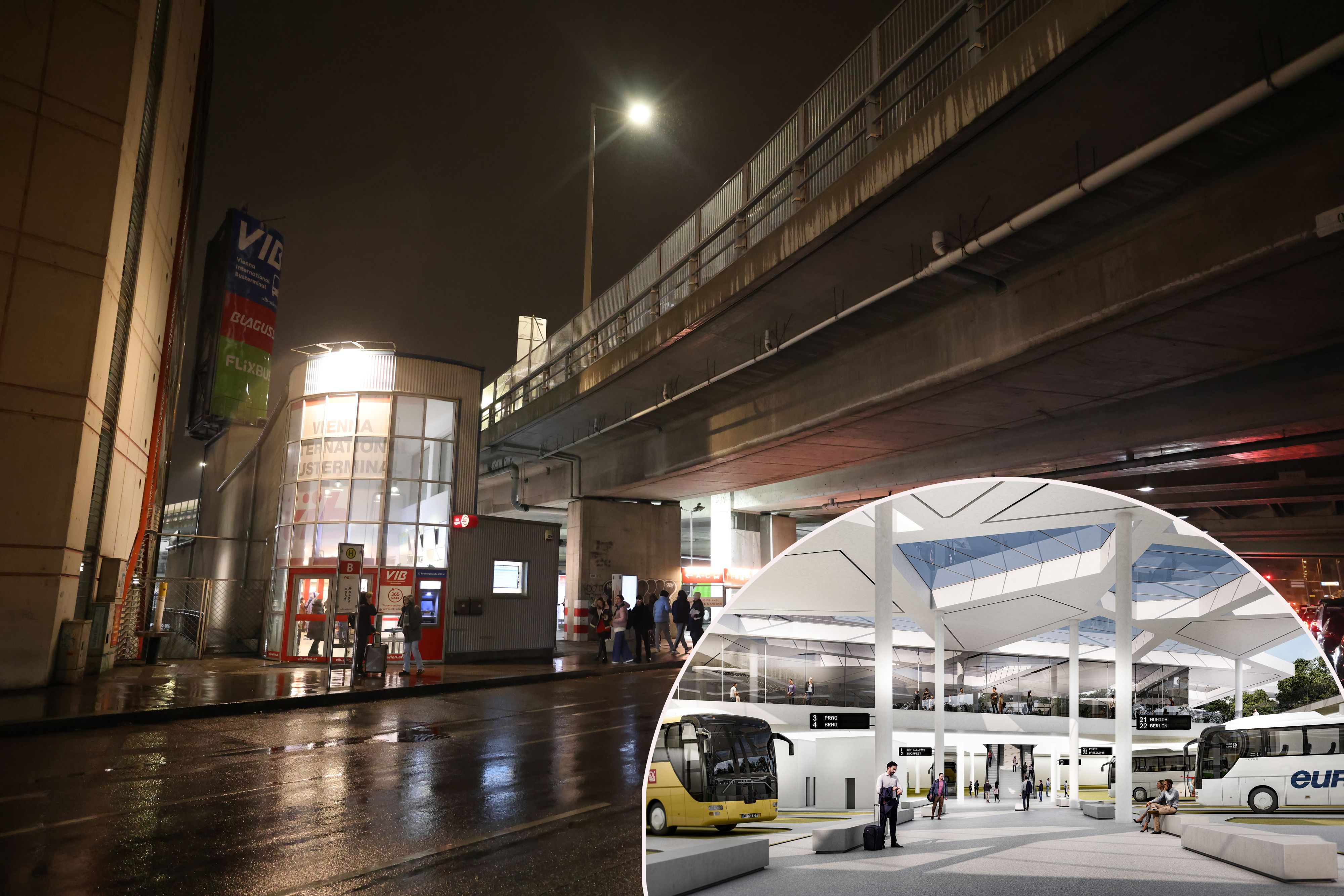 Links: Der derzeitige Busterminal in Erdberg – dunkel, veraltet und wenig einladend. Rechts: So soll der neue Fernbus-Terminal in Wien einmal aussehen.