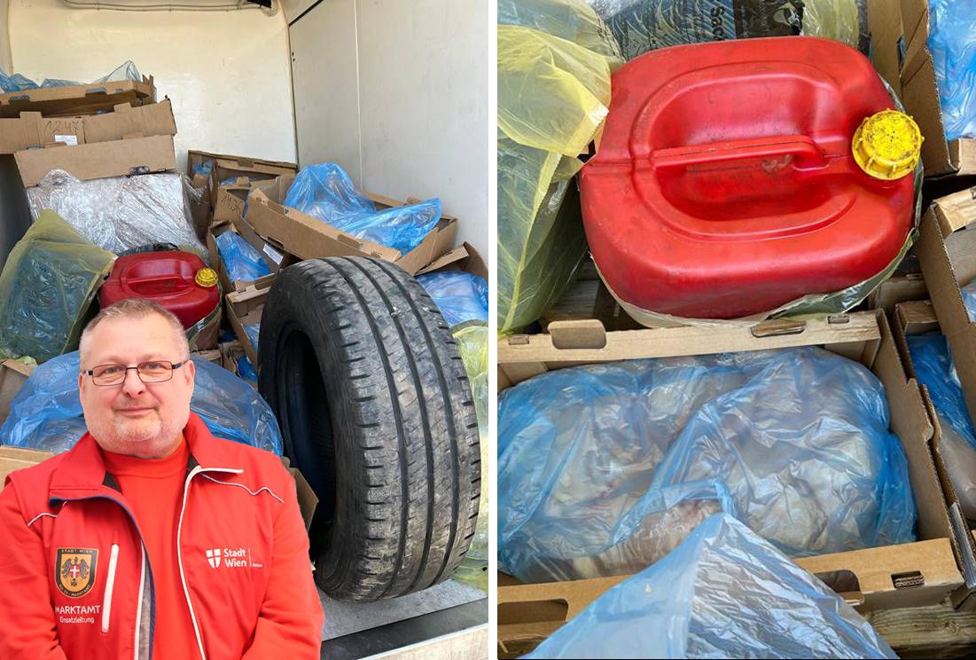 Schock-Fund in Wien: 560 Kilo Hühnerfleisch lag ungeschützt zwischen Autoreifen und Benzinkanistern. Das Marktamt stoppte den Verkauf der verdorbenen Ware.