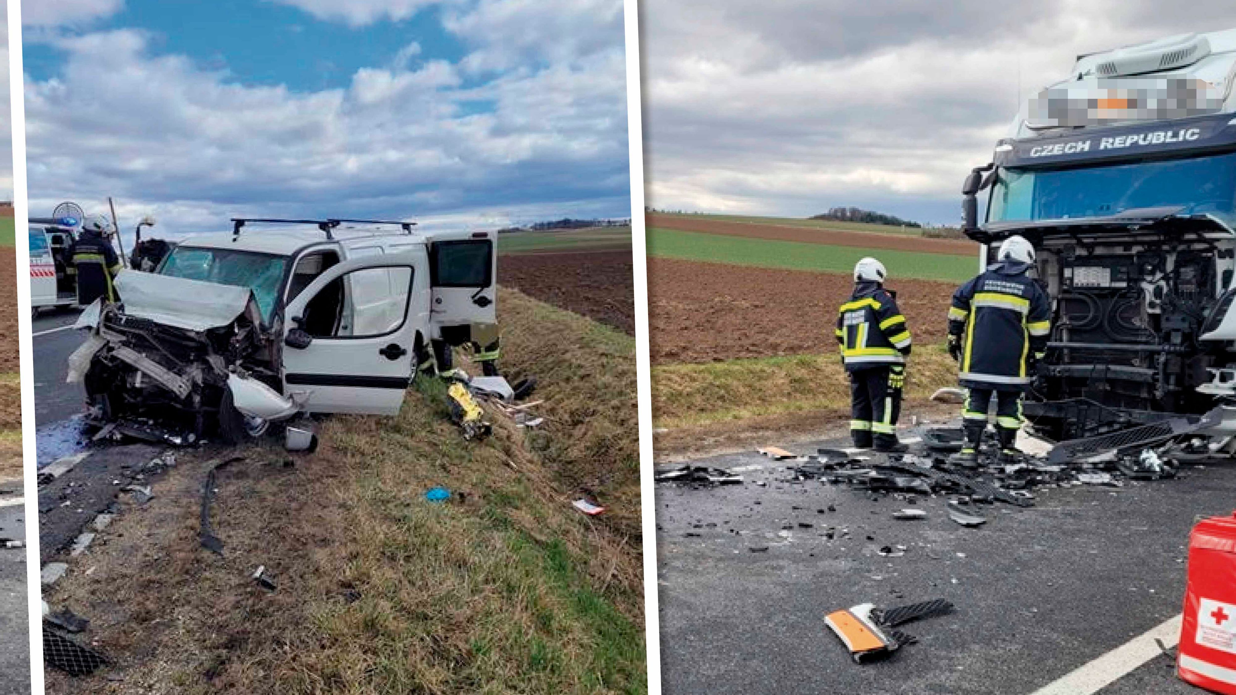 Tödlicher Verkehrsunfall im Bezirk Horn: Der Lenker eines weißen Kastenwagens (l.) starb im Spital.