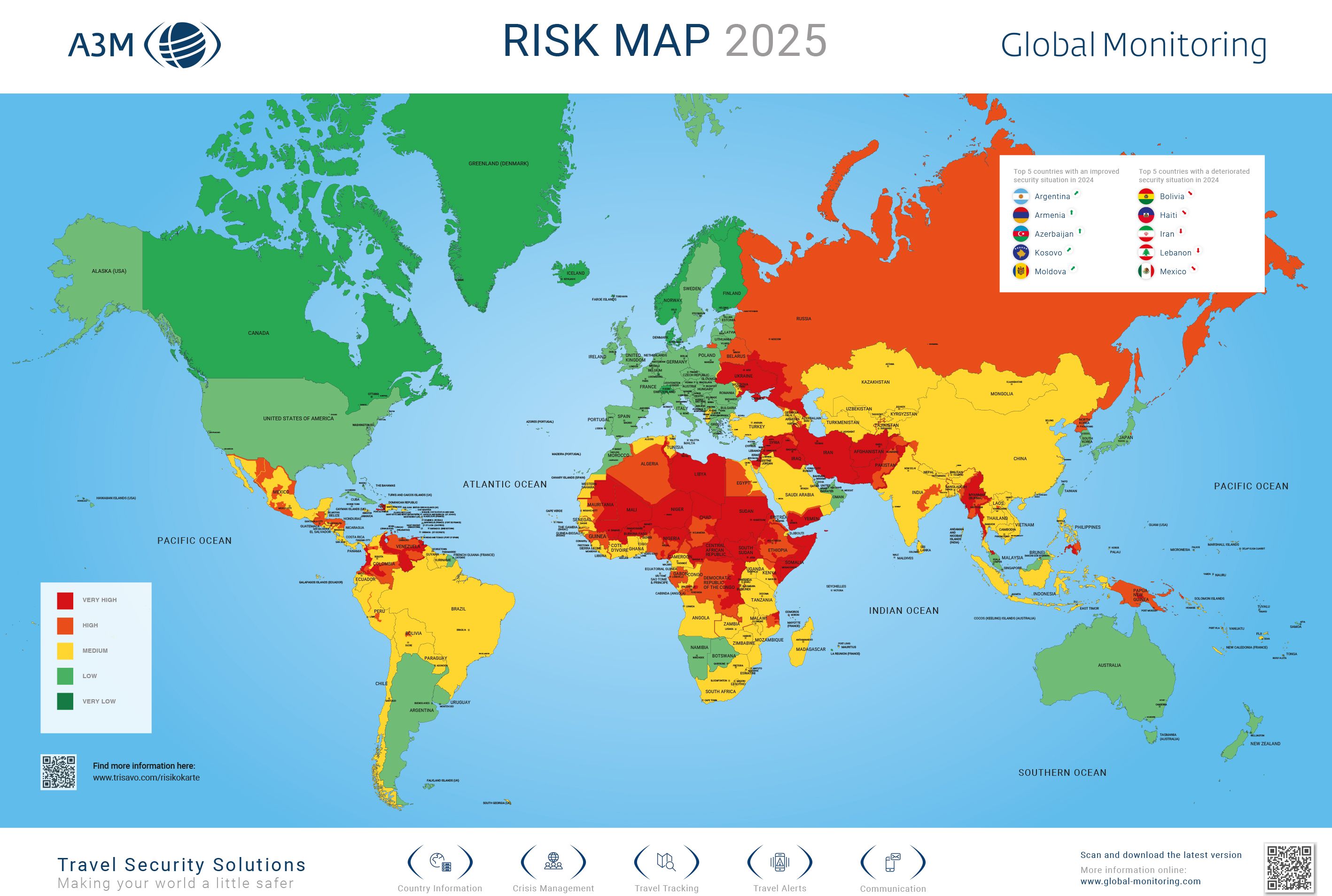 Die Risiko-Weltkarte von A3M zeigt, wohin auf der Welt 2025 Reisen besonders gefährlich sind.