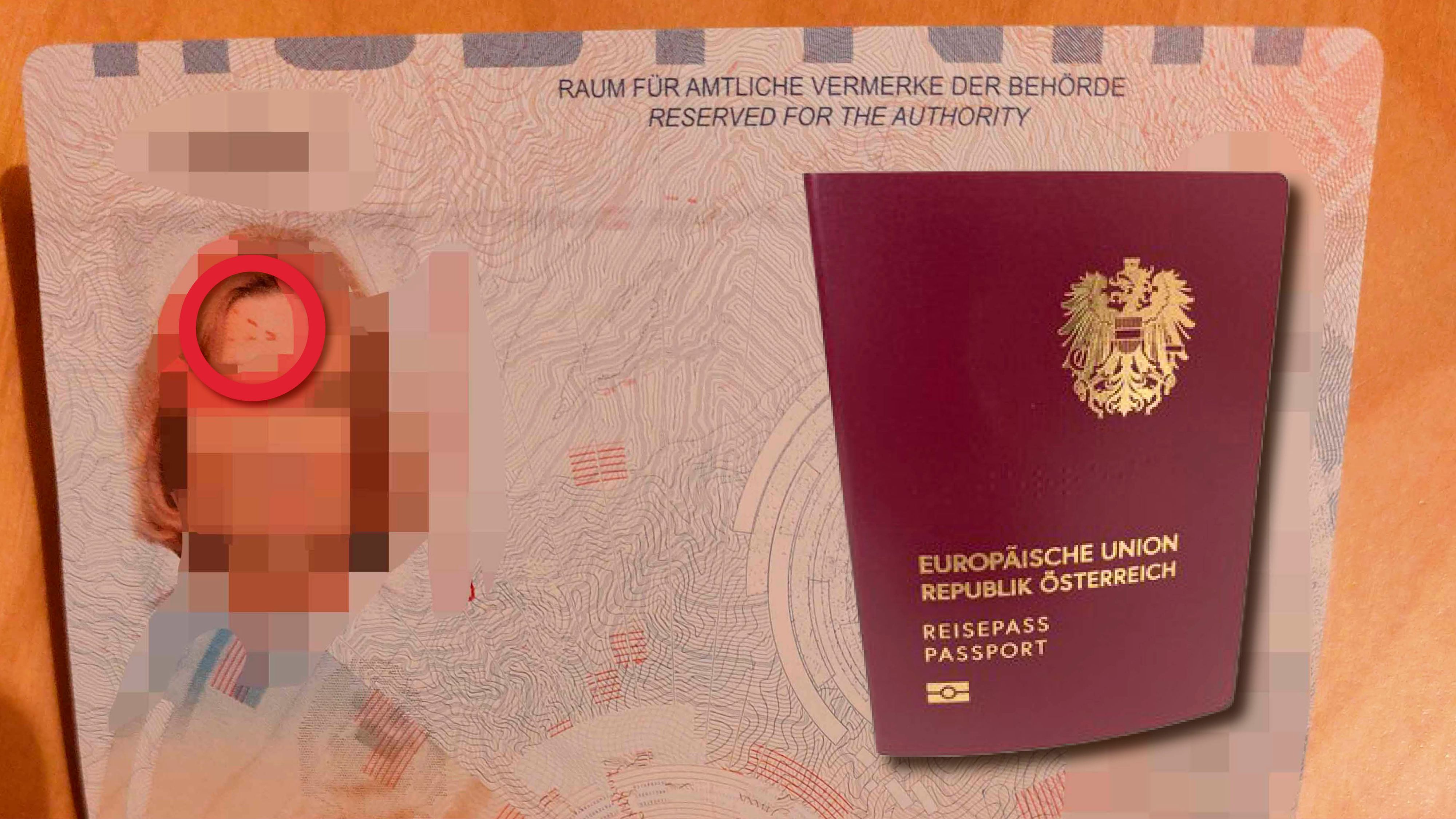 Neuer Reisepass der Wienerin mit roten Strichen auf der Stirn.