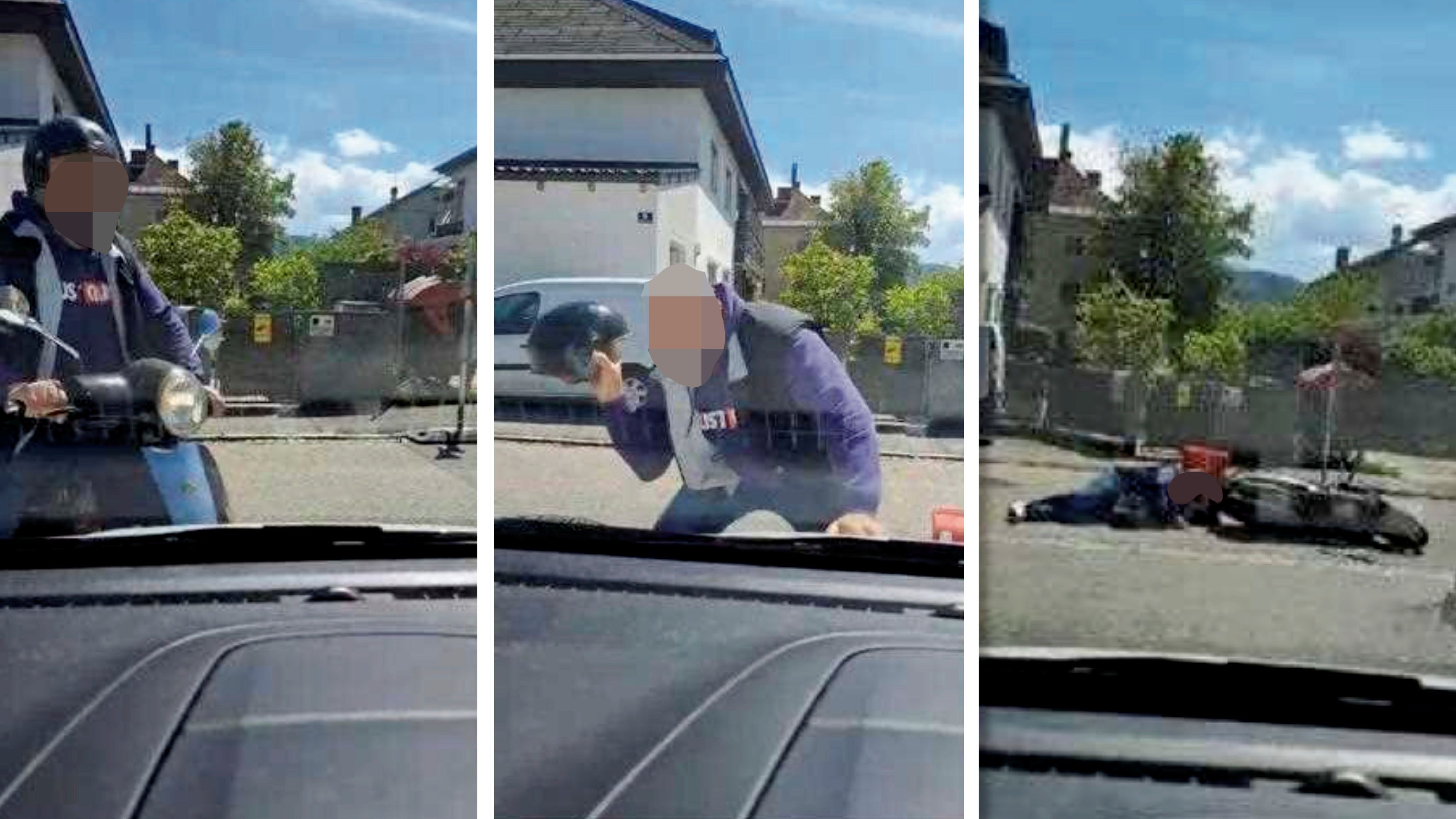 Video zeigt, was geschah: Mann attackiert Auto, dann täuscht er Unfall vor.