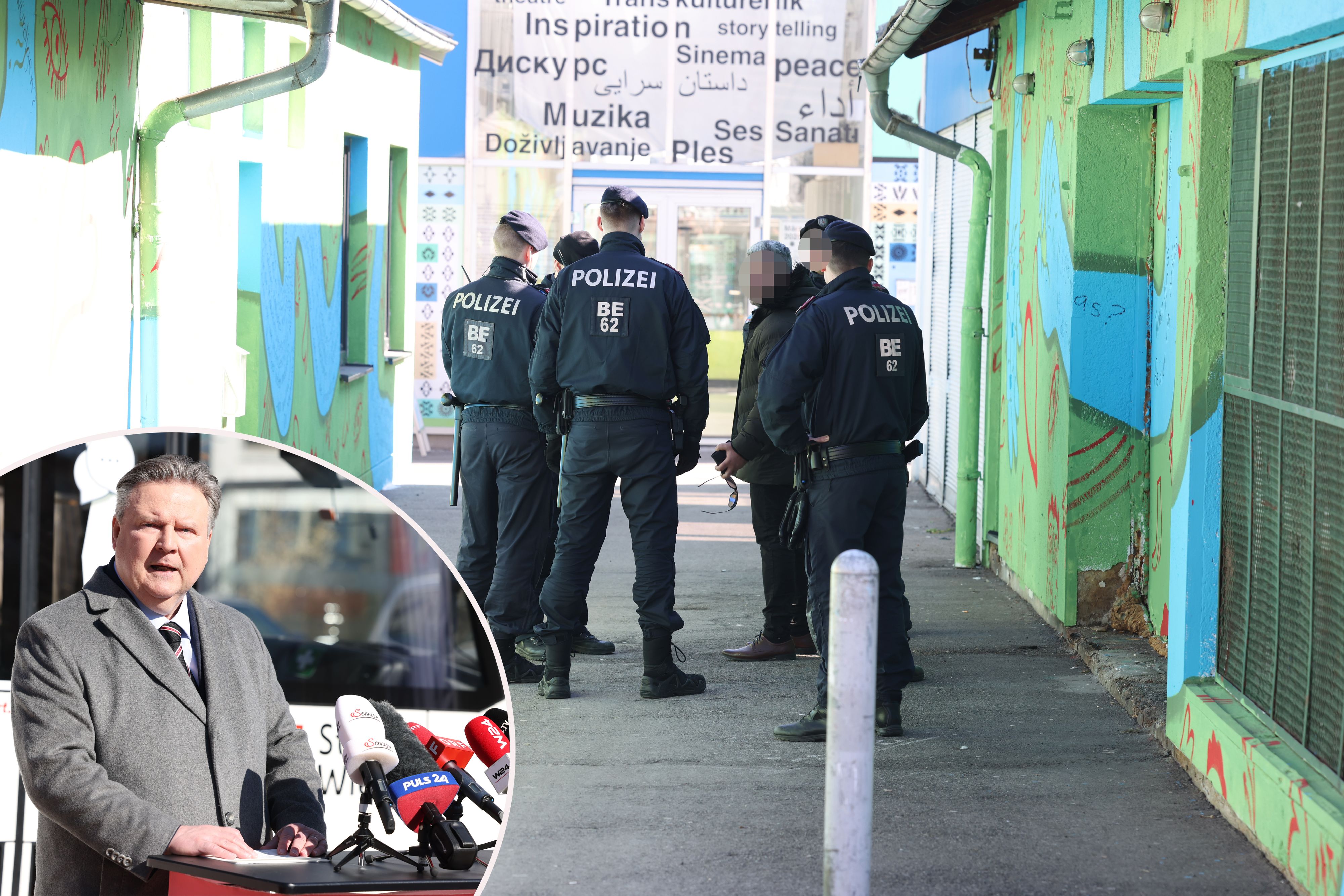 Kurioser Vorfall bei Sicherheits-Pressekonferenz am Yppenplatz: Während SPÖ-Bürgermeister Michael Ludwig (kleines Bild) über Polizeipräsenz sprach, musste die anwesende Polizei direkt eingreifen – ein angetrunkener Mann wurde kontrolliert und wegbegleitet.