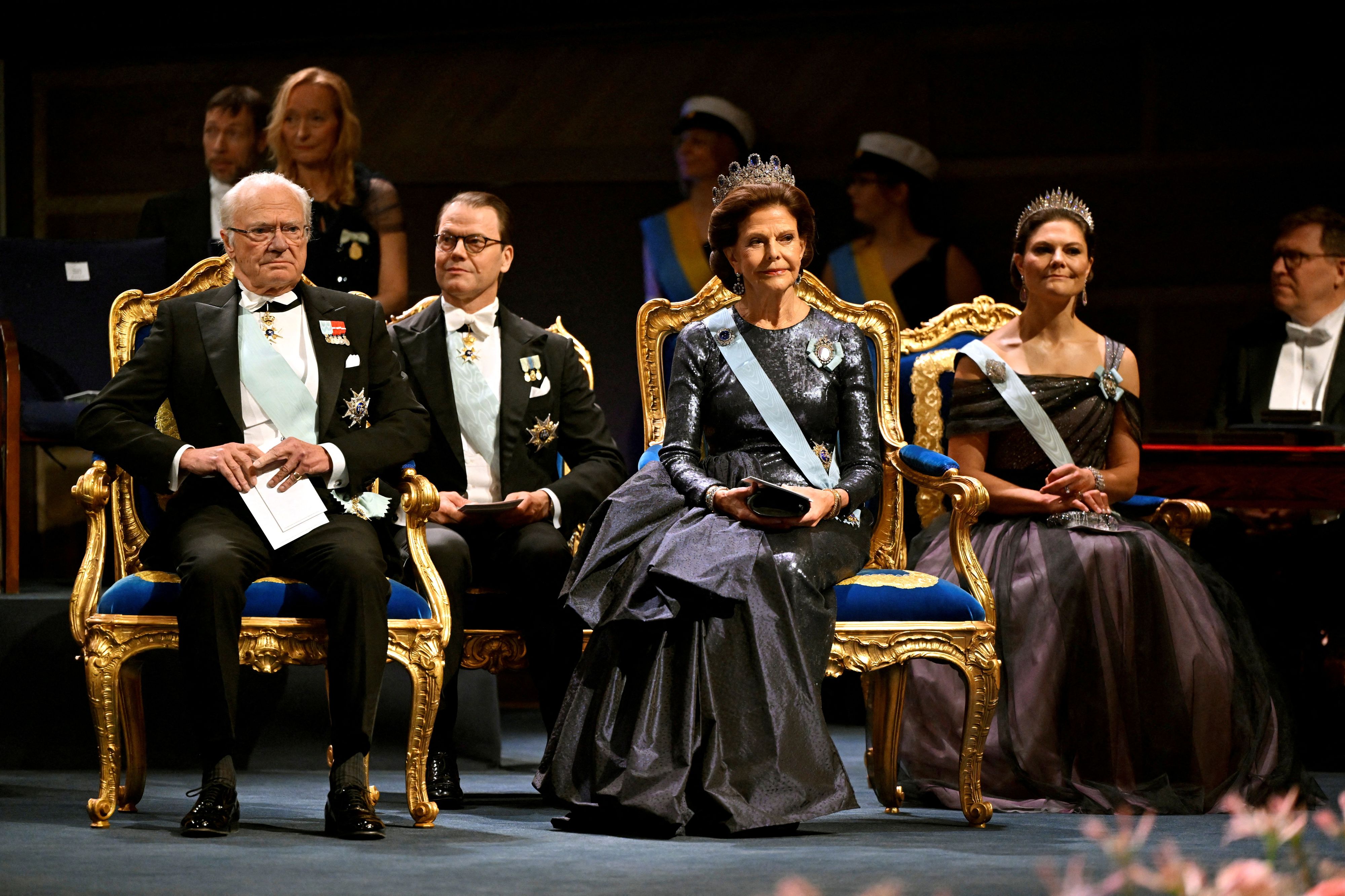 (v.l.n.r.): König Carl Gustaf von Schweden, Prinz Daniel, Königin Silvia und Prinzessin Victoria.