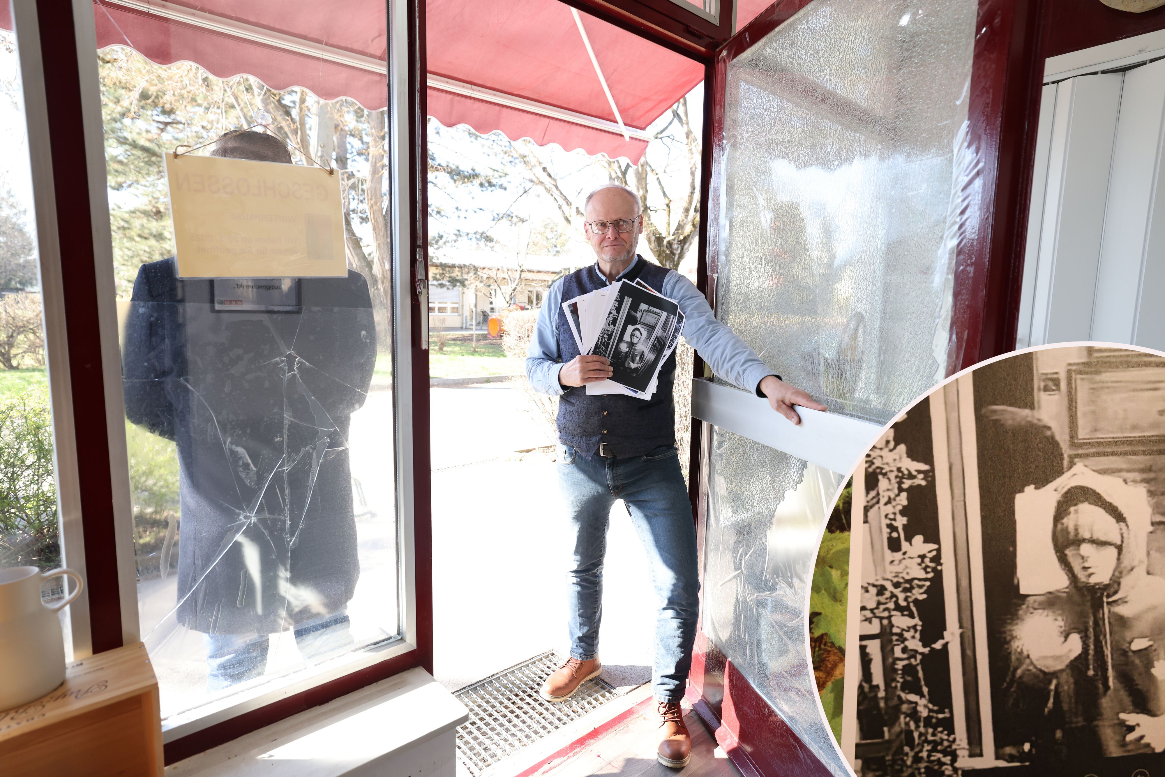Johannes zeigt die Spuren der Verwüstung: Zerbrochene Scheiben, notdürftig gesicherte Eingänge – die Jugendbande hinterlässt regelmäßig Schäden an seiner Vinothek in Floridsdorf.