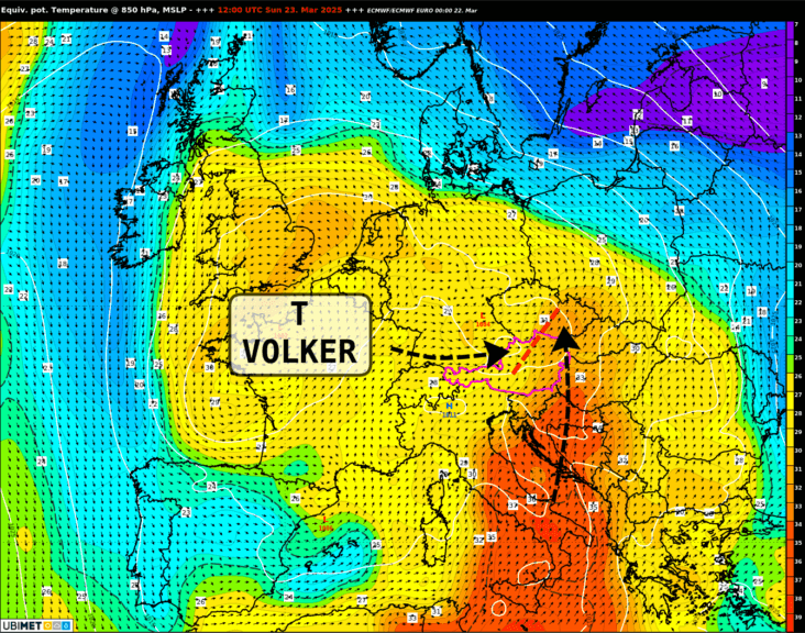 Wetterlage am Sonntag: Im Vorfeld des Tiefs VOLKER wird weiterhin sehr milde Luft in die Südosthälfte Österreichs herangeführt (rötliche Farben). Aus Westen frischt der Westwind allmählich auf und entlang einer Konvergenzlinie (gestrichelte rote Linie) bilden sich teils kräftige Gewitter.
