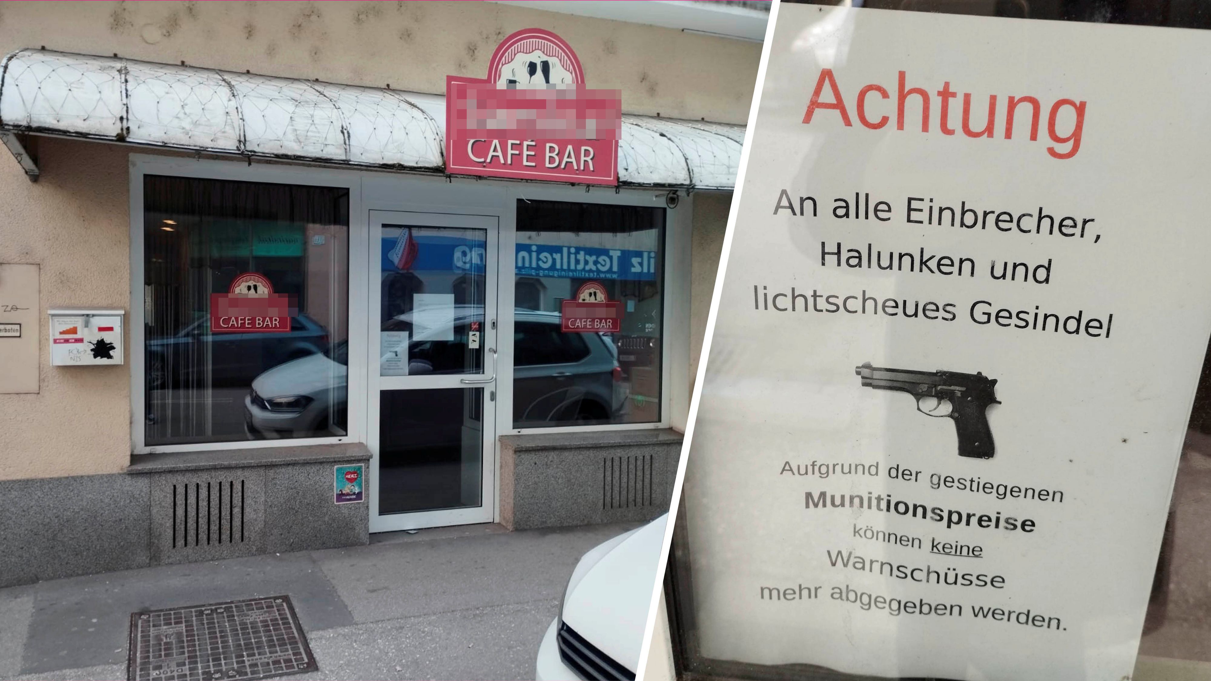 Auf der Scheibe eines Linzer Lokals hängt ein Plakat, das Einbrecher warnt.
