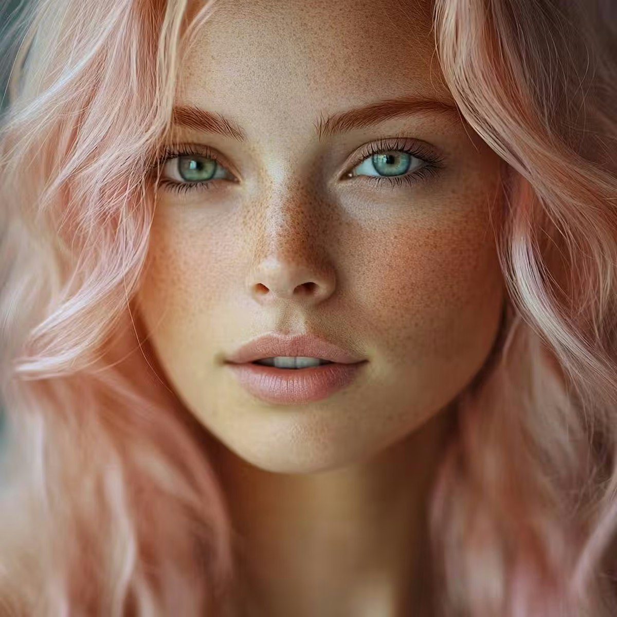 Prompt: close-up portrait photo of a beautiful young woman with pastel pink wavy hair, open eyes, soft confident smile, glowing skin, natural makeup, dreamy and calm look, professional studio lighting, blurred background, shallow depth of field, pastel tones, photorealistic –v 6 –style raw –ar 1:1 –quality 2