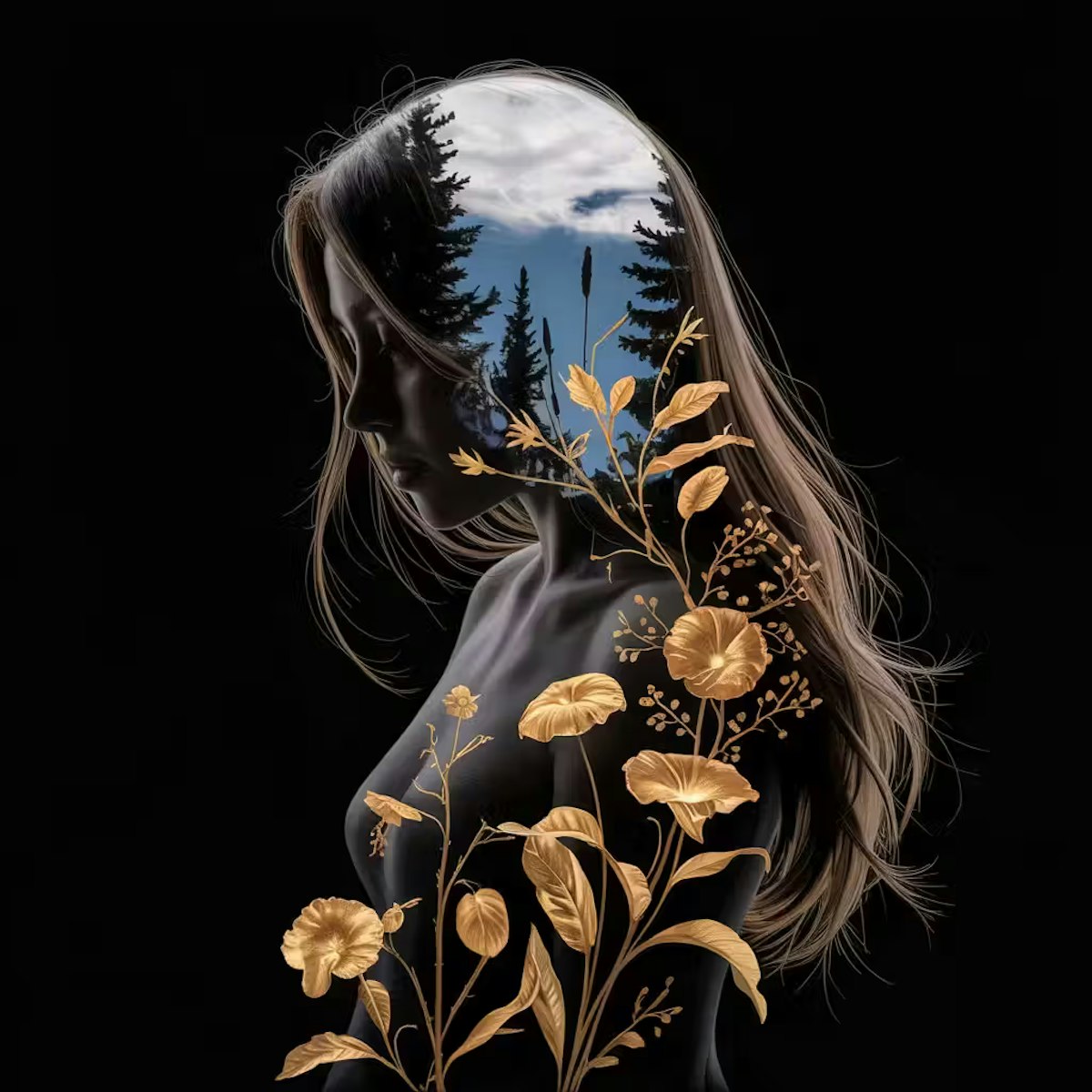 Prompt: semi-transparent silhouette of a woman with long hair on a black canvas. Inside the silhouette, a tangle of golden plants and flowers illuminates. Double exposure, aesthetic, high quality, detailed, 8k. shadows
