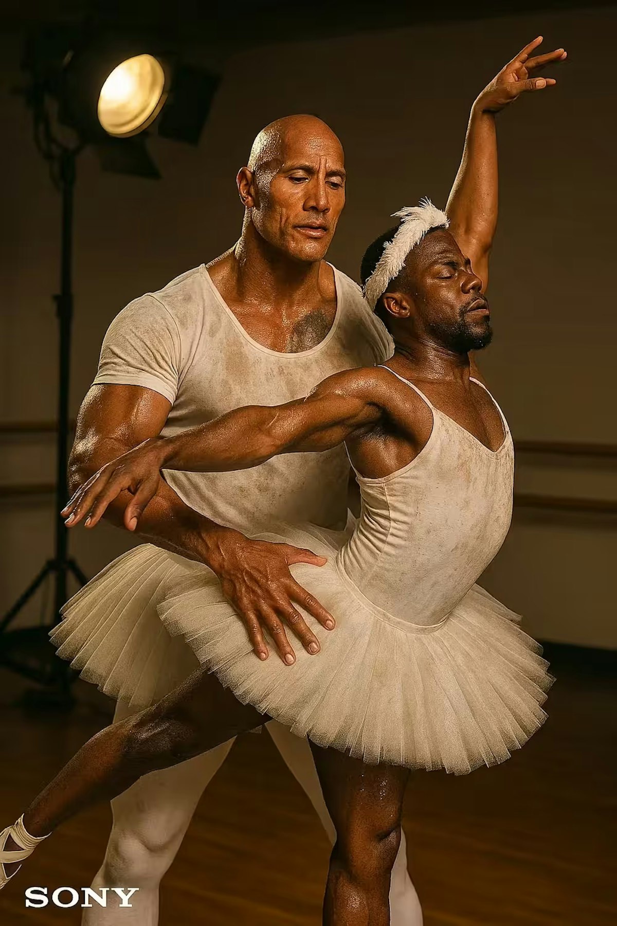 Prompt: Photoshoot of Dwayne Johnson holding up Kevin Hart in a ballet competition dance off. Dwayne Johnson is the ballerina, Kevin Hart is the swan. Both of them are graceful and professional yet due to the heat of the studio light, they are sweating and it stains their clothes. They are focused in their performance and the image is shot using a professional Sony camera
