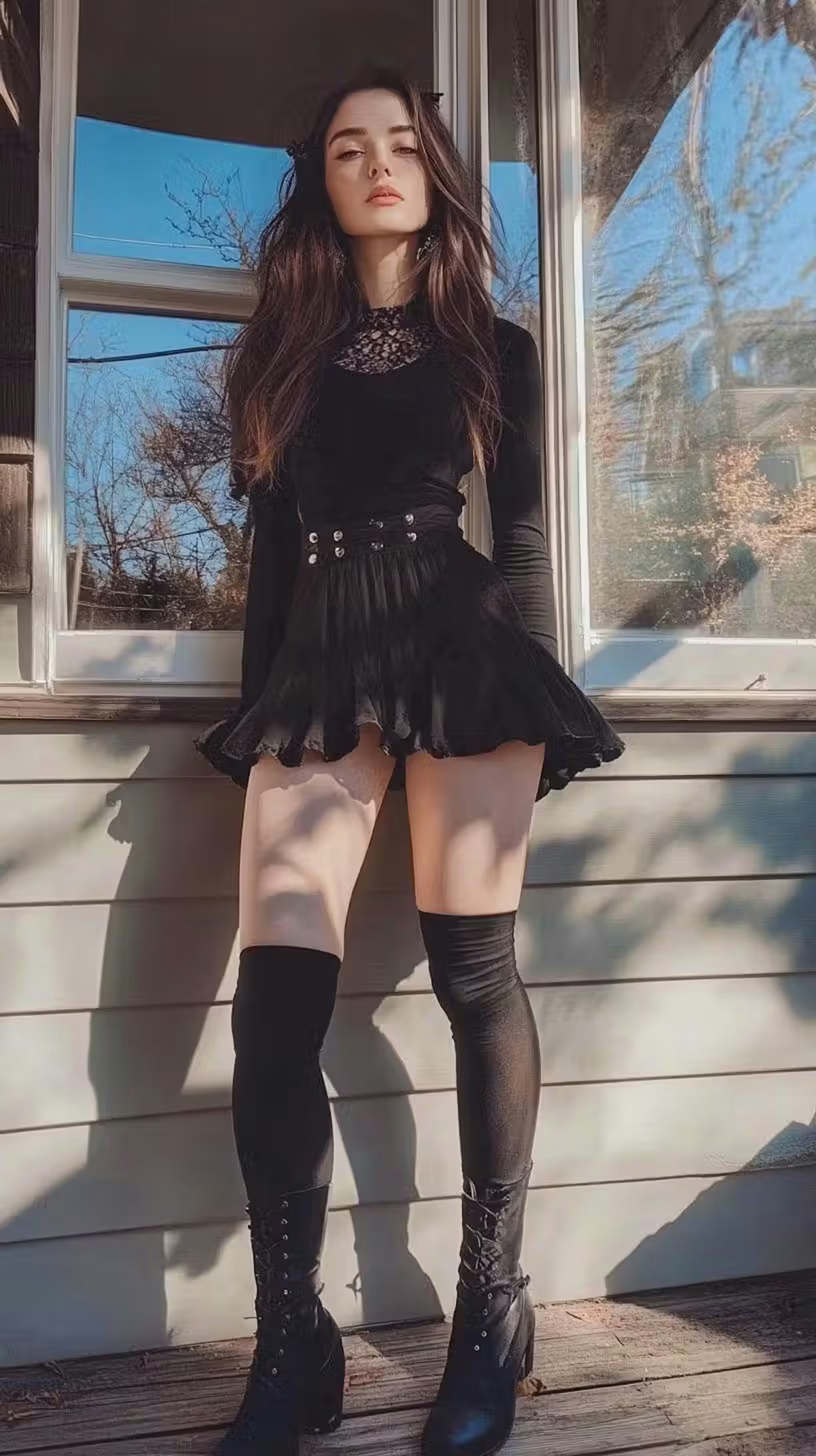 Prompt: A photo of an attractive woman, wearing a black skirt, boots, and tights, posted on Snapchat and shared on an Instagram story.