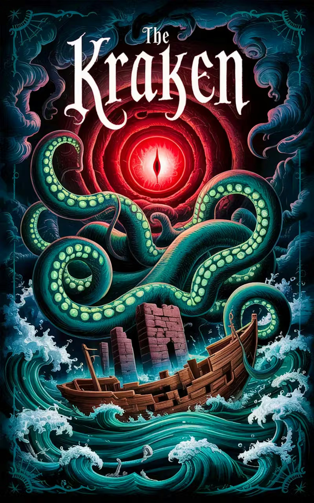 Prompt: create a tarot card, the card design will be a Kraken (dark fantasy design).