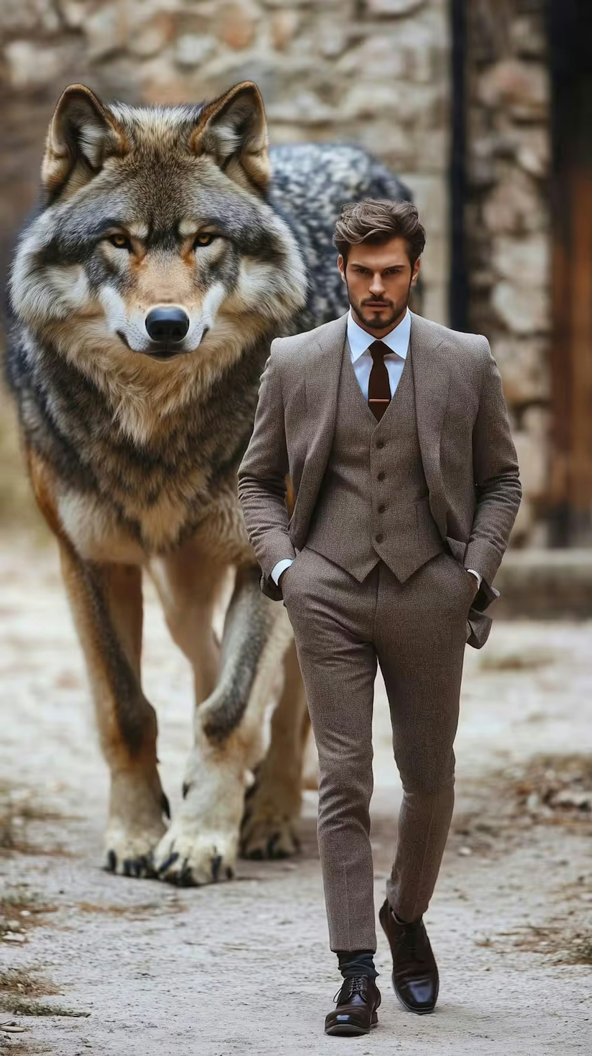 Prompt: Panorama, handsome Italian supermodel wearing formal Italian clothing, with a huge wolf behind him, larger than you can imagine, outdoors, man is walking on the catwalk, full body to toe shot
