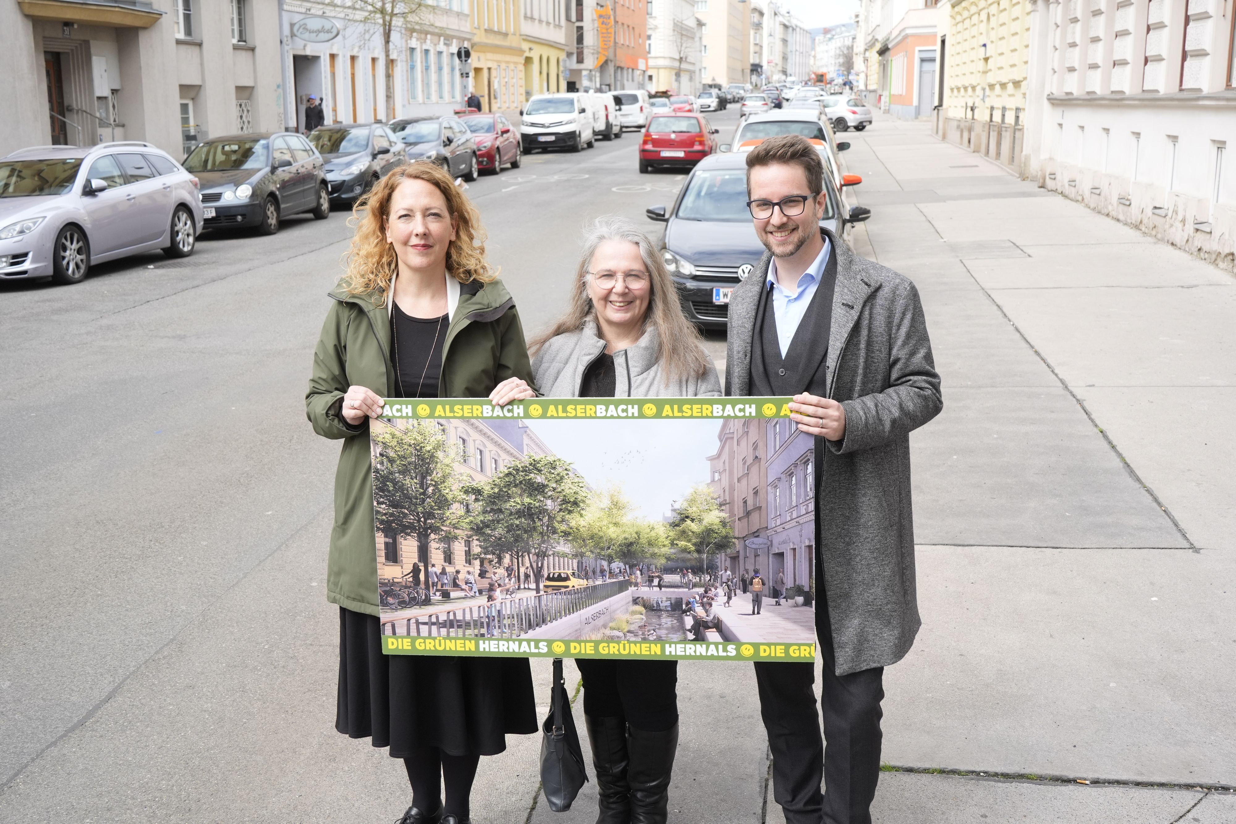 Judith Pühringer, Parteivorsitzende der Grünen Wien, Bezirksvorsteher-Stellvertreterin von Hernals, Karin Prauhart und Gemeinderat Kilian Stark (v.l.).