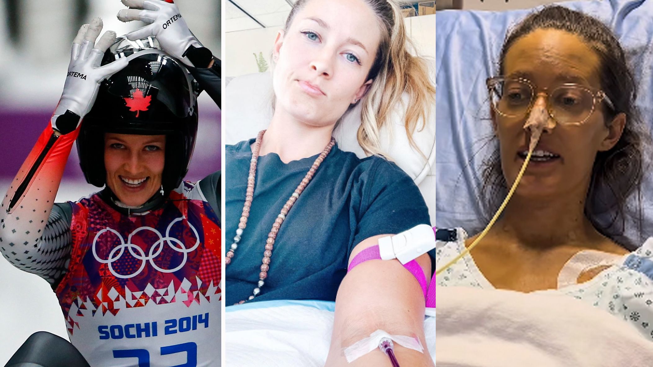 Arianne Jones links als aktive Rodlerin, rechts bei ihren jüngsten Postings aus dem Spital.