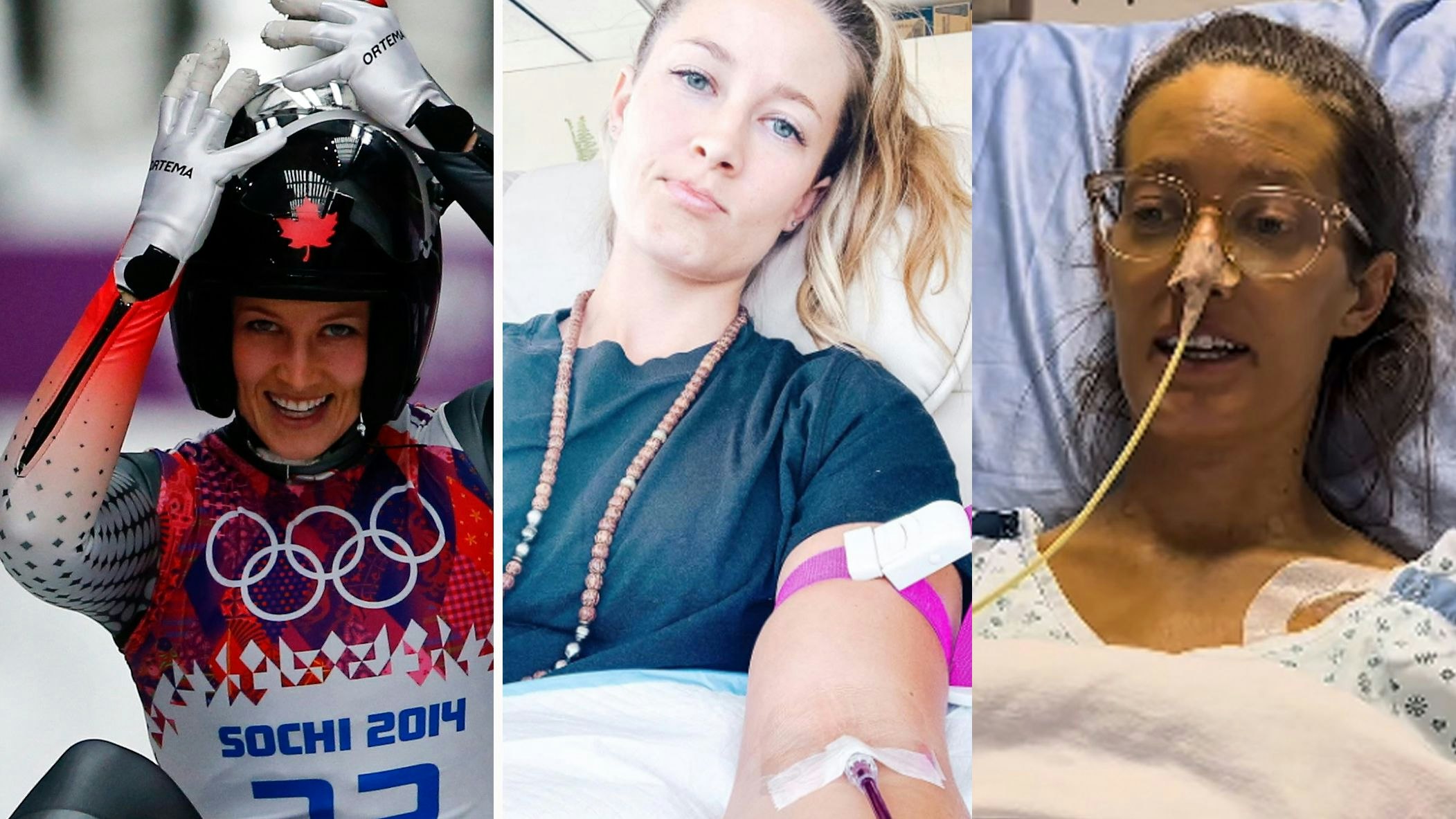 Arianne Jones links als aktive Rodlerin, rechts bei ihren jüngsten Postings aus dem Spital.