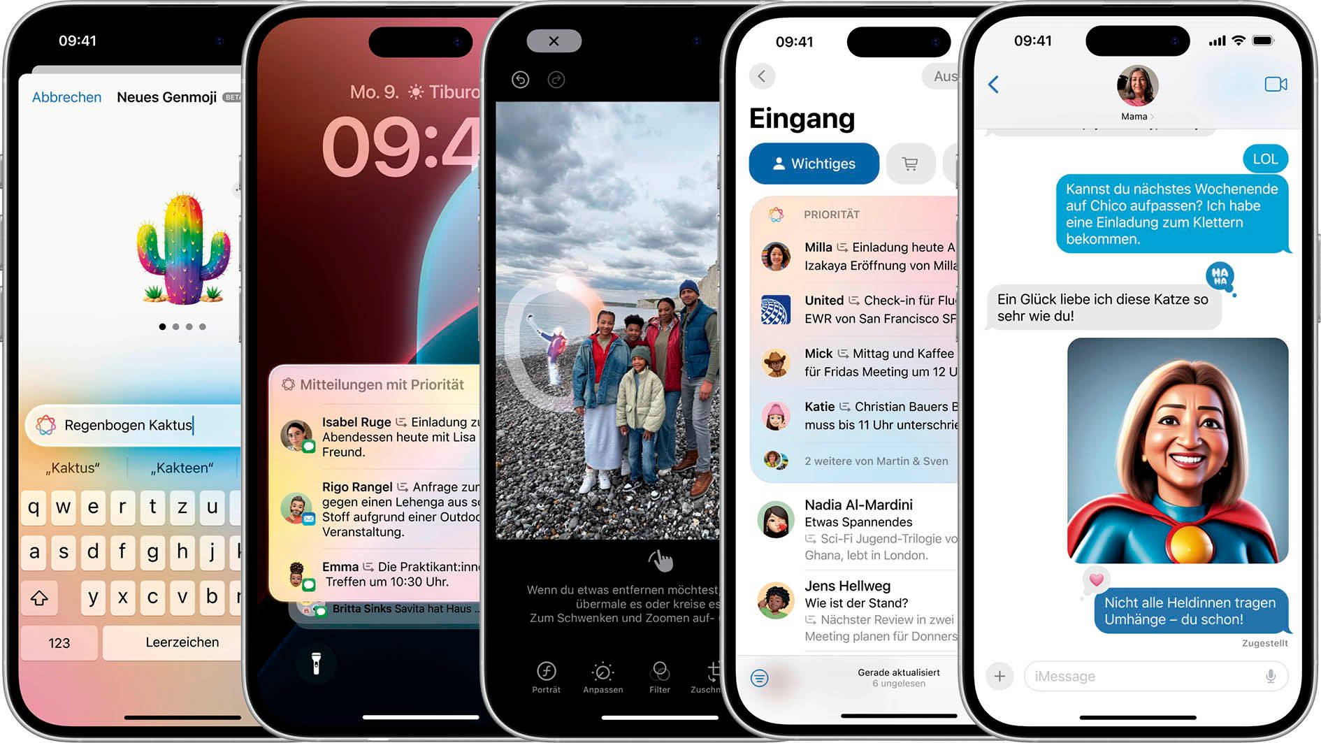 Von Genmoji (l.) bis Playground (r.) – Apples KI kommt nach Europa.