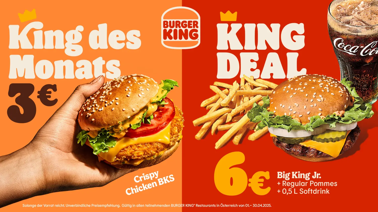 Viel Genuss für wenig Geld: Nur € 3 für den King des Monats Crispy Chicken BKS, der King Deal inkl. Big King Jr. mit Regular Pommes und 0,5 L Softdrink ist um nur € 6 zu haben.