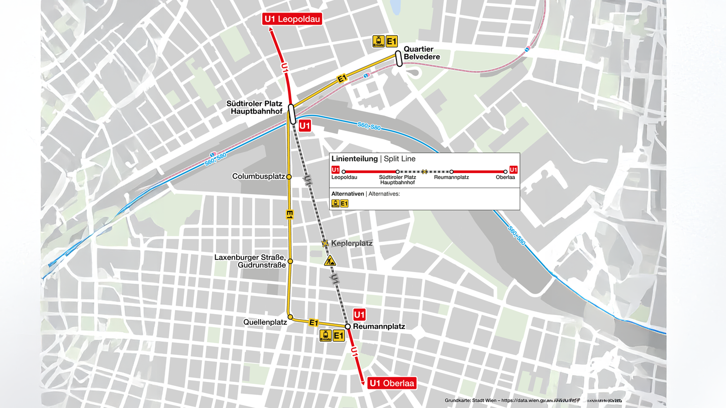 In den Osterferien wird die U1 zwischen Hauptbahnhof und Reumannplatz geteilt.