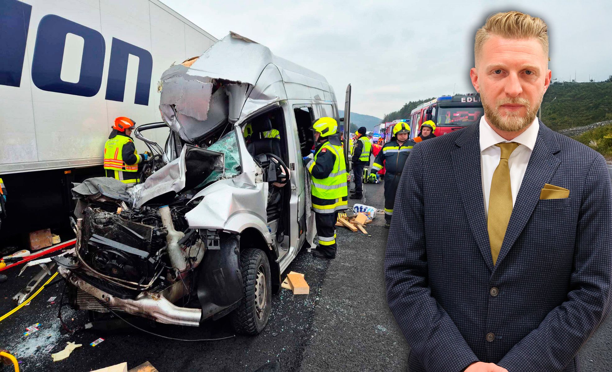 Der völlig zerstörte Sprinter auf der Unfallstelle; Top-Anwalt Roman Tenschert.