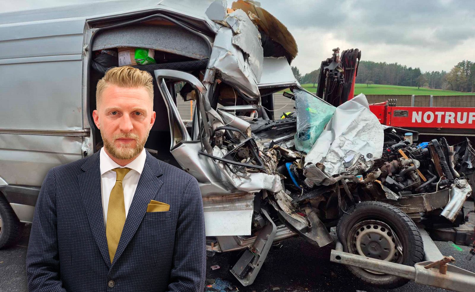 Das völlig zerstörte Wrack des Mercedes Sprinters an der Unfallstelle; Straf- und Verkehrsrechts-Experte und Anwalt Roman Tenschert verteidigt den Fahrer beim Prozess.