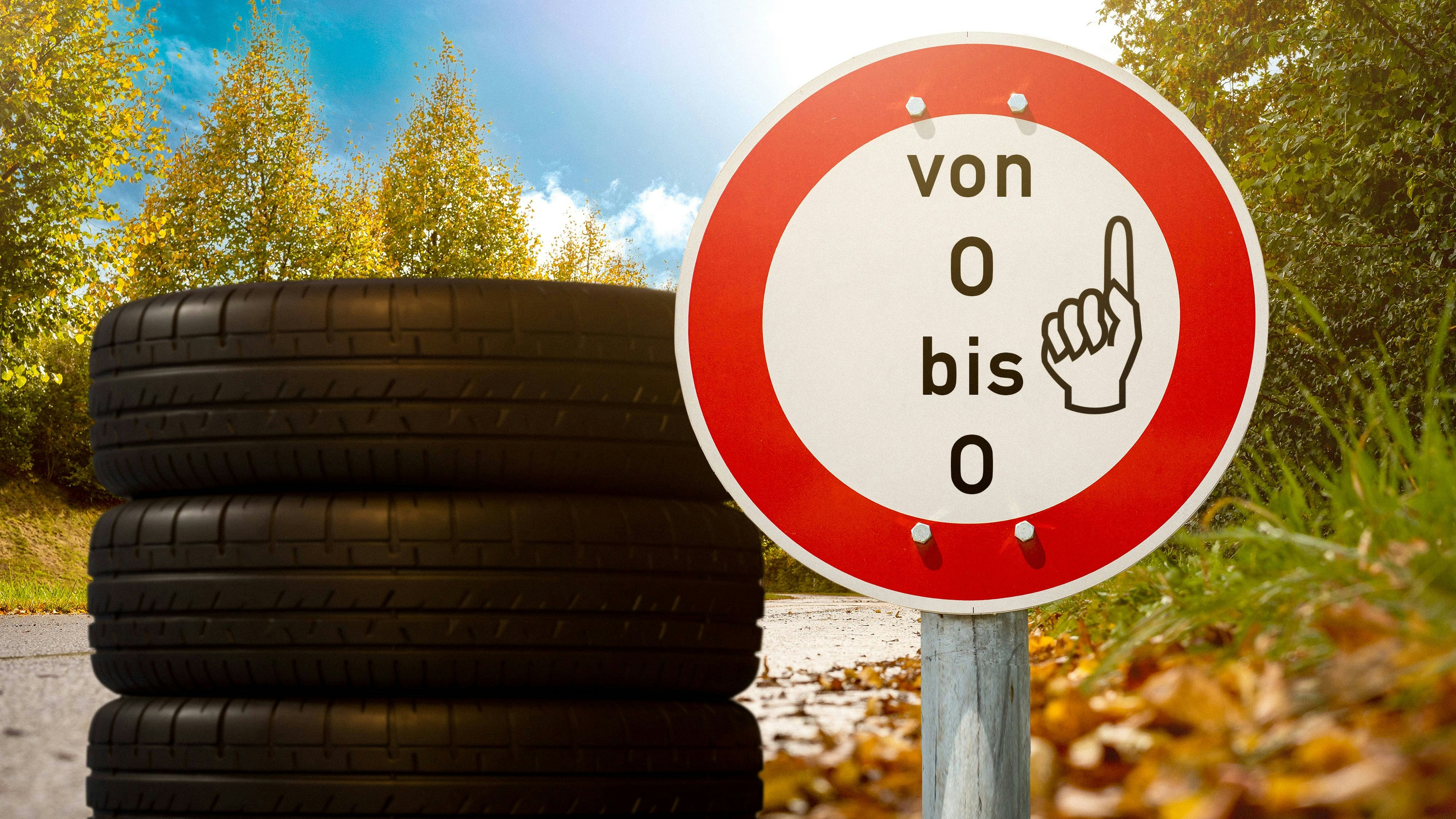 6 April 2024: Car tires on the road in sunshine and autumn leaves with a sign and the inscription: from O to O, rule of thumb for changing tires from Easter to October. PHOTOMONTAGE *** Autoreifen auf der Straße bei Sonnenschein und Herbstlaub mit einem Schild und der Aufschrift: von O bis O, Faustregel zum Reifenwechsel von Ostern bis Oktober. FOTOMONTAGE