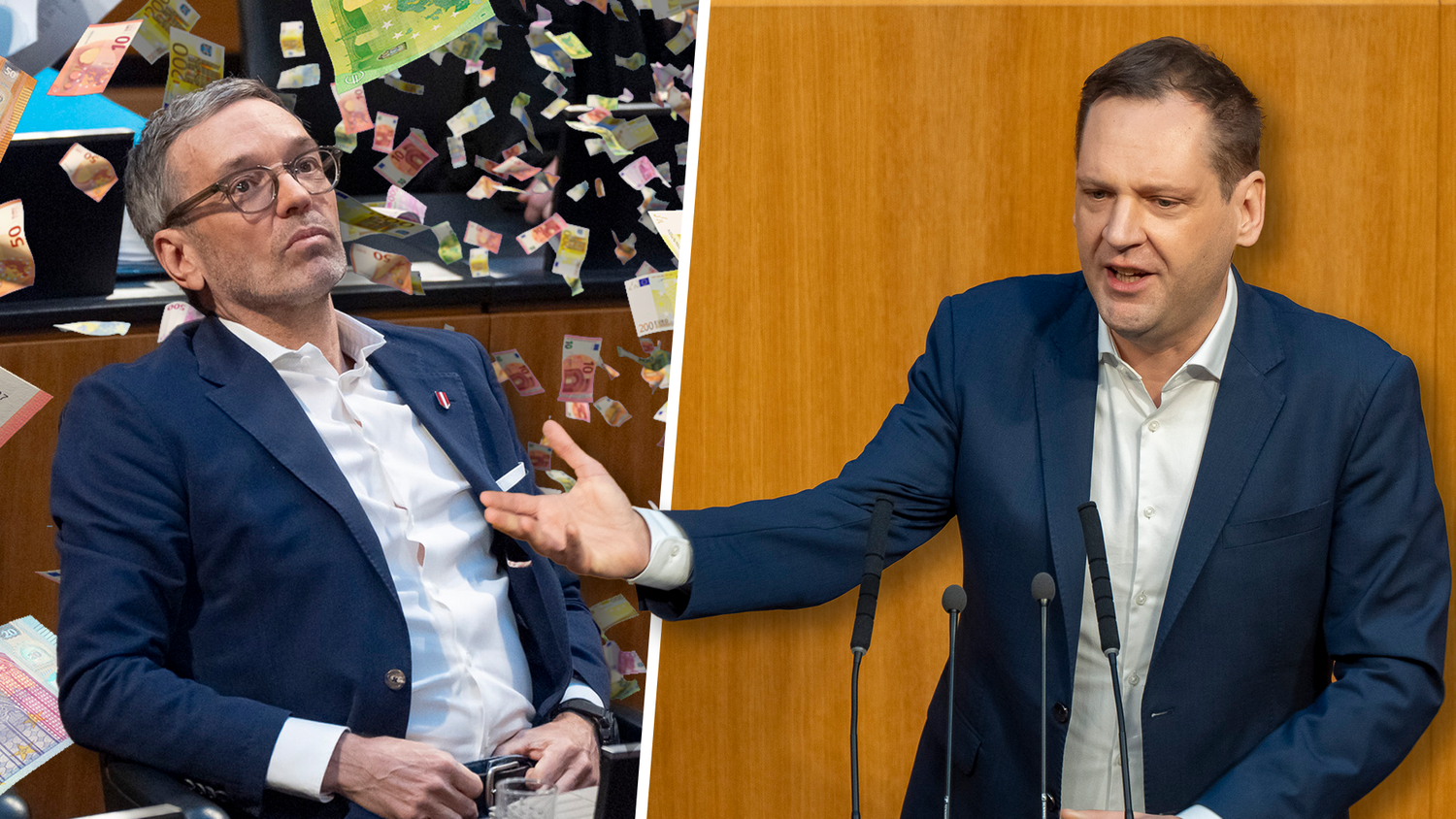 SPÖ-Klubobmann Philip Kucher (r.) rechnet FPÖ-Chef Herbert Kickl vor, um wie viel die Staatsschulden mit blauen Anträgen gestiegen wären.