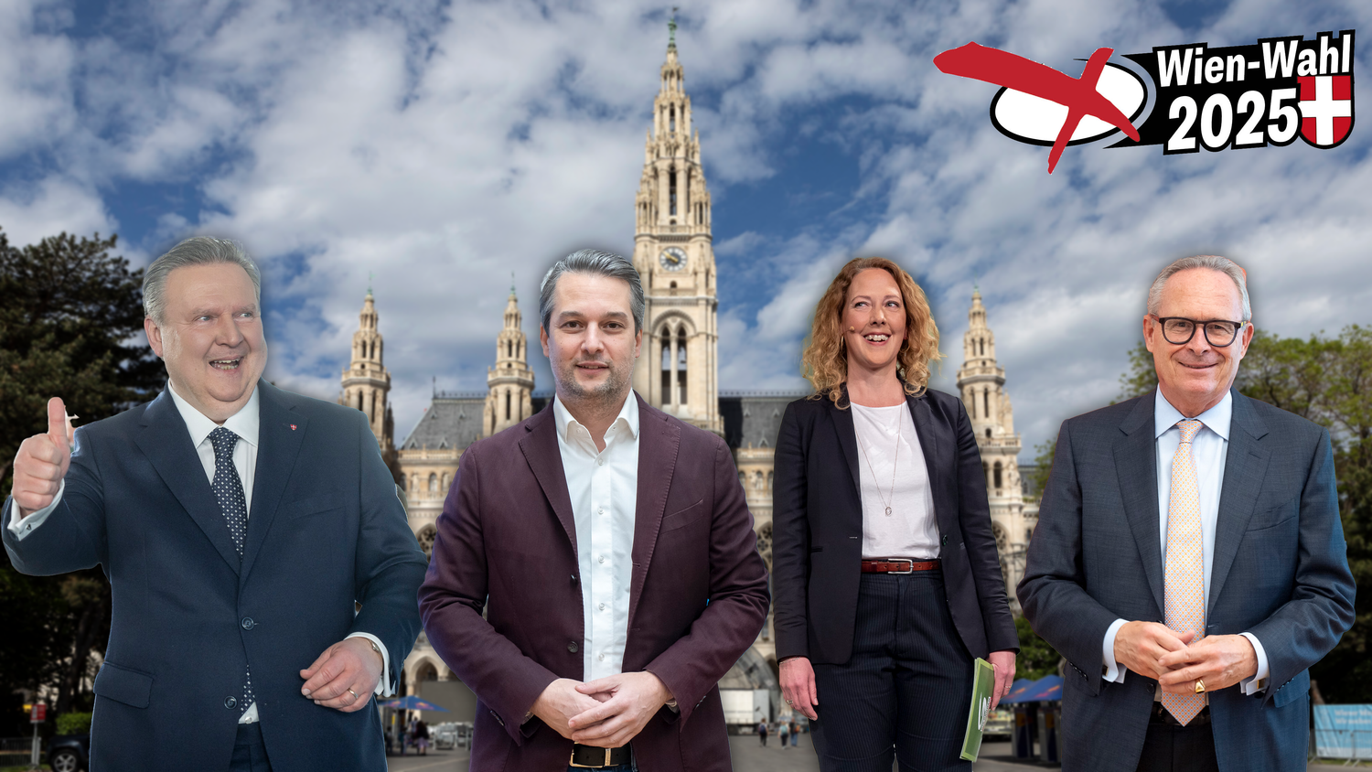 Die Spitzenkandidaten der Wien-Parteien von links nach rechts: Bürgermeister Ludwig, FP-Chef Nepp, Grünen-Frontfrau Judith Pühringer und VP-Chef Karl Mahrer.