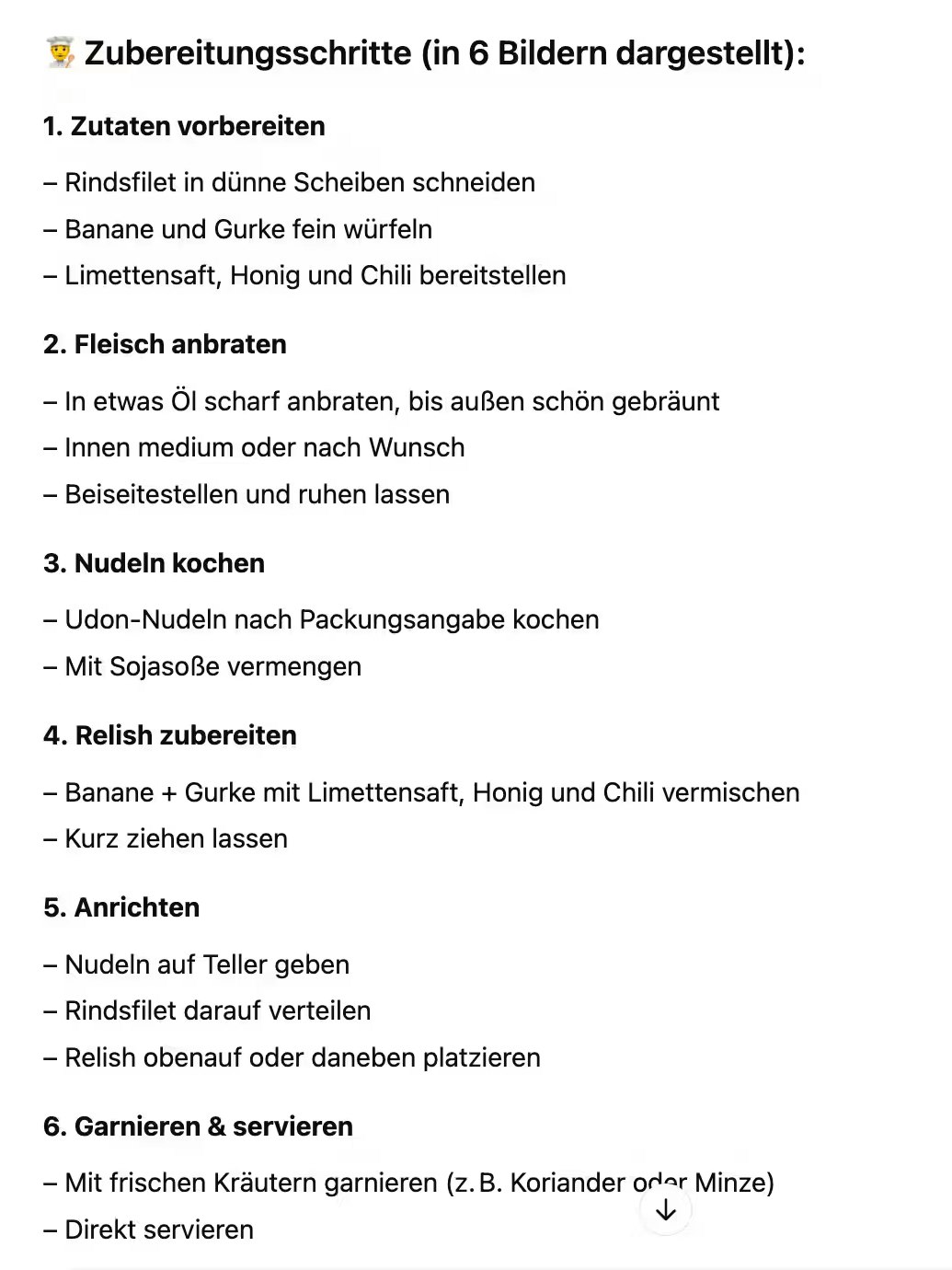 Die Zubereitung sowie Vorschläge für das Garnieren und Servieren – das liefert ChatGPT auf Anfrage.