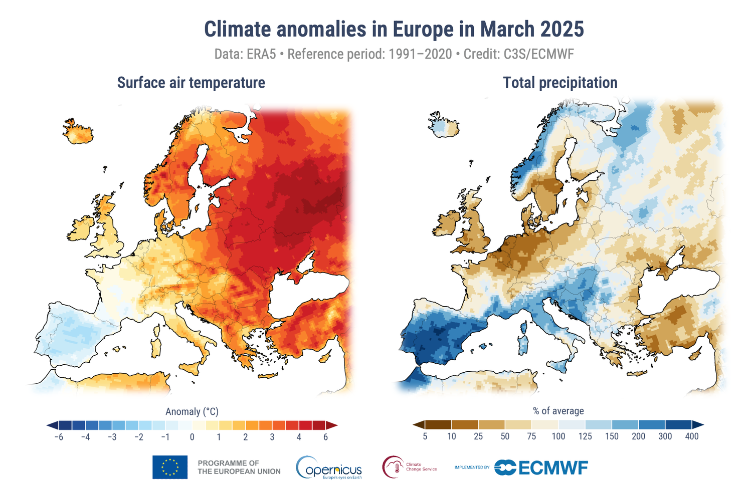 Wetter-Anomalien im März: Links Hitze, rechts Regenfälle (je dunkler, desto intensiver)