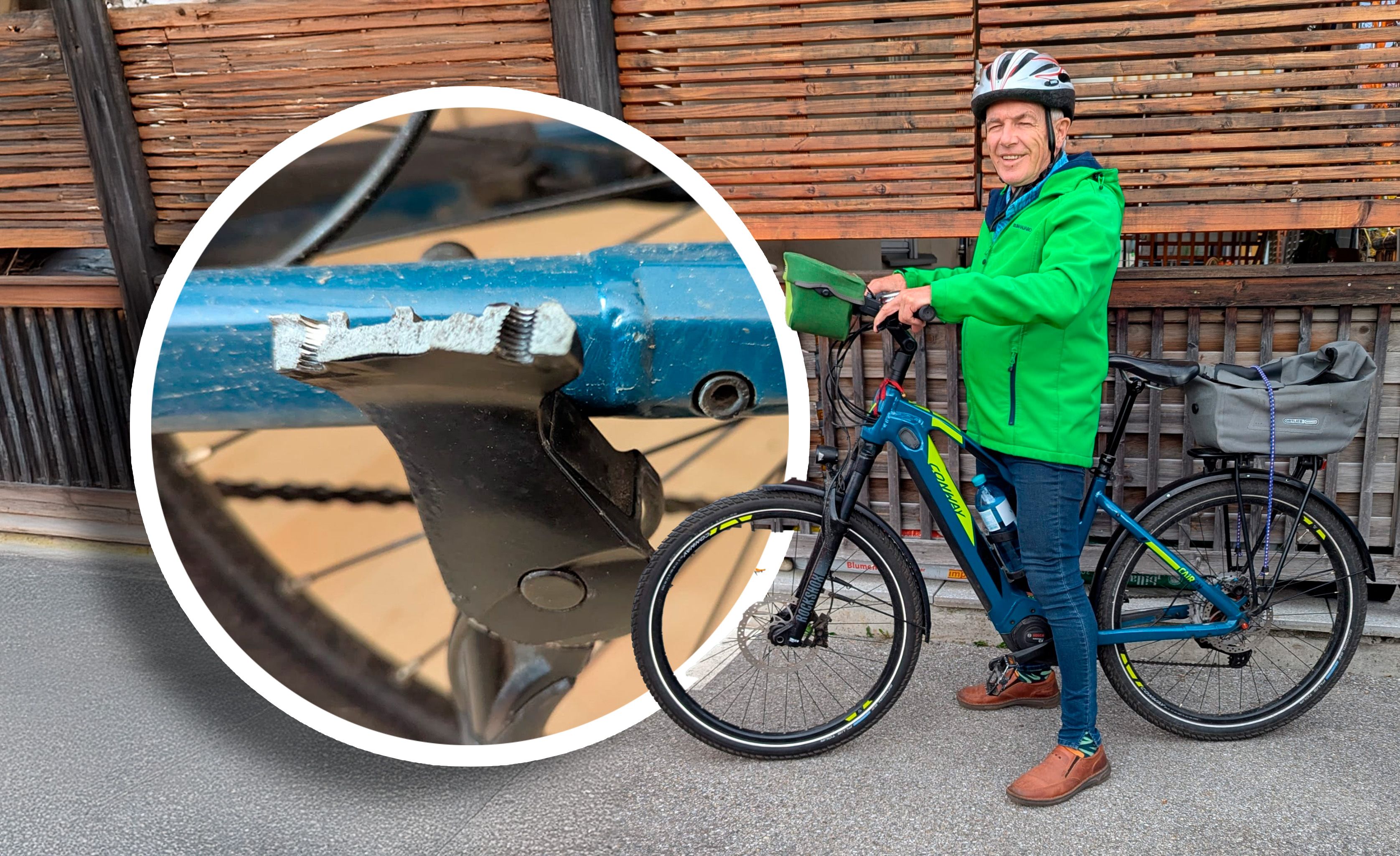 Xaver D. auf seinem E-Bike; im Kreis der abgebrochene Ständer nach dem Unfall. Die Reparatur kostete schließlich 31,50 Euro.